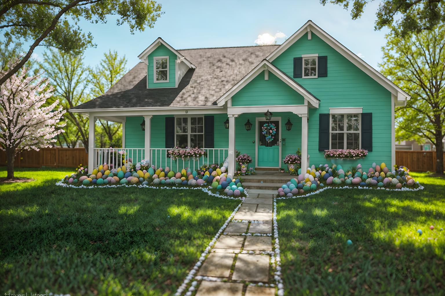 easter-style exterior designed (house exterior exterior) . with spring decorations and colorful easter eggs and light blue colors and easter decorations and flowers on table and spring decorations. . cinematic photo, highly detailed, cinematic lighting, ultra-detailed, ultrarealistic, photorealism, 8k. easter exterior design style. masterpiece, cinematic light, ultrarealistic+, photorealistic+, 8k, raw photo, realistic, sharp focus on eyes, (symmetrical eyes), (intact eyes), hyperrealistic, highest quality, best quality, , highly detailed, masterpiece, best quality, extremely detailed 8k wallpaper, masterpiece, best quality, ultra-detailed, best shadow, detailed background, detailed face, detailed eyes, high contrast, best illumination, detailed face, dulux, caustic, dynamic angle, detailed glow. dramatic lighting. highly detailed, insanely detailed hair, symmetrical, intricate details, professionally retouched, 8k high definition. strong bokeh. award winning photo.