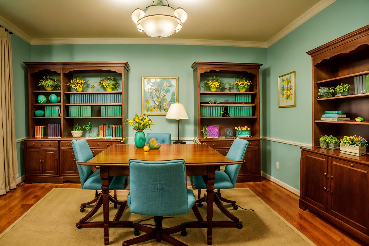 easter-style (study room interior) with lounge chair and cabinets and desk lamp and plant and office chair and bookshelves and writing desk and lounge chair. . with flowers on table and easter decorations and colorful easter eggs and light blue colors and spring decorations and flowers on table. . cinematic photo, highly detailed, cinematic lighting, ultra-detailed, ultrarealistic, photorealism, 8k. easter interior design style. masterpiece, cinematic light, ultrarealistic+, photorealistic+, 8k, raw photo, realistic, sharp focus on eyes, (symmetrical eyes), (intact eyes), hyperrealistic, highest quality, best quality, , highly detailed, masterpiece, best quality, extremely detailed 8k wallpaper, masterpiece, best quality, ultra-detailed, best shadow, detailed background, detailed face, detailed eyes, high contrast, best illumination, detailed face, dulux, caustic, dynamic angle, detailed glow. dramatic lighting. highly detailed, insanely detailed hair, symmetrical, intricate details, professionally retouched, 8k high definition. strong bokeh. award winning photo.