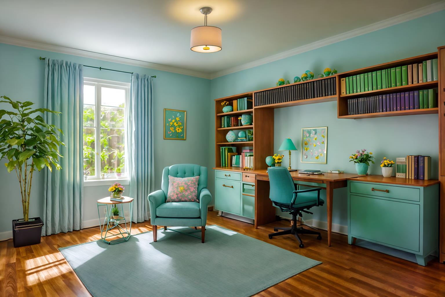 easter-style (study room interior) with lounge chair and cabinets and desk lamp and plant and office chair and bookshelves and writing desk and lounge chair. . with flowers on table and easter decorations and colorful easter eggs and light blue colors and spring decorations and flowers on table. . cinematic photo, highly detailed, cinematic lighting, ultra-detailed, ultrarealistic, photorealism, 8k. easter interior design style. masterpiece, cinematic light, ultrarealistic+, photorealistic+, 8k, raw photo, realistic, sharp focus on eyes, (symmetrical eyes), (intact eyes), hyperrealistic, highest quality, best quality, , highly detailed, masterpiece, best quality, extremely detailed 8k wallpaper, masterpiece, best quality, ultra-detailed, best shadow, detailed background, detailed face, detailed eyes, high contrast, best illumination, detailed face, dulux, caustic, dynamic angle, detailed glow. dramatic lighting. highly detailed, insanely detailed hair, symmetrical, intricate details, professionally retouched, 8k high definition. strong bokeh. award winning photo.