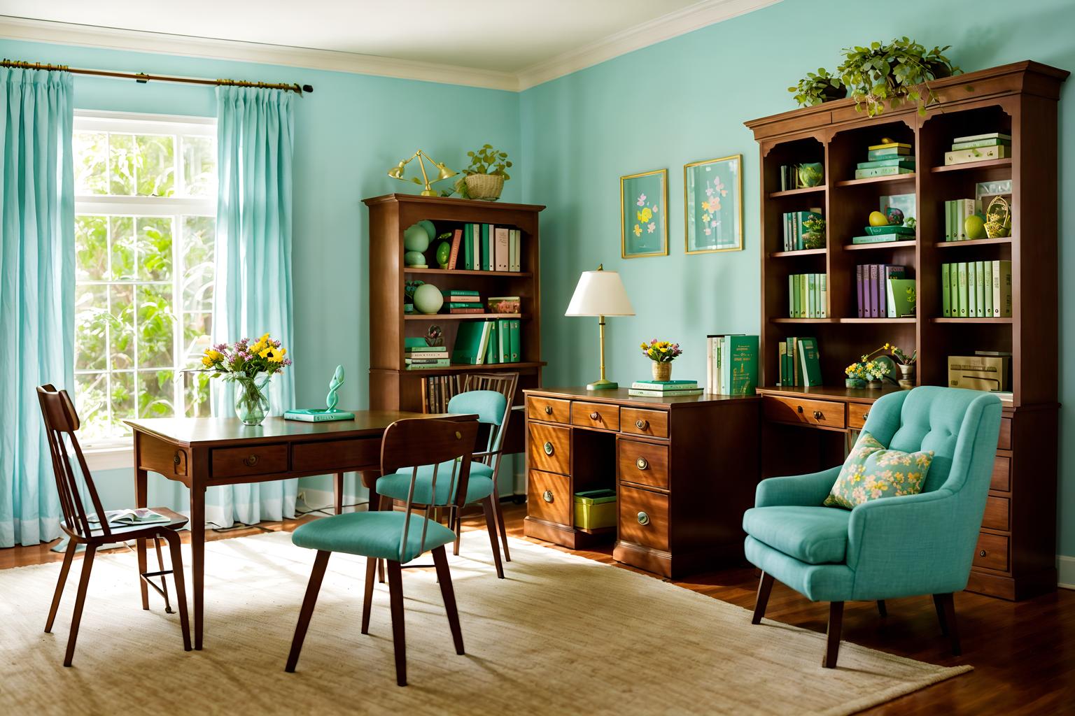 easter-style (study room interior) with lounge chair and cabinets and desk lamp and plant and office chair and bookshelves and writing desk and lounge chair. . with flowers on table and easter decorations and colorful easter eggs and light blue colors and spring decorations and flowers on table. . cinematic photo, highly detailed, cinematic lighting, ultra-detailed, ultrarealistic, photorealism, 8k. easter interior design style. masterpiece, cinematic light, ultrarealistic+, photorealistic+, 8k, raw photo, realistic, sharp focus on eyes, (symmetrical eyes), (intact eyes), hyperrealistic, highest quality, best quality, , highly detailed, masterpiece, best quality, extremely detailed 8k wallpaper, masterpiece, best quality, ultra-detailed, best shadow, detailed background, detailed face, detailed eyes, high contrast, best illumination, detailed face, dulux, caustic, dynamic angle, detailed glow. dramatic lighting. highly detailed, insanely detailed hair, symmetrical, intricate details, professionally retouched, 8k high definition. strong bokeh. award winning photo.