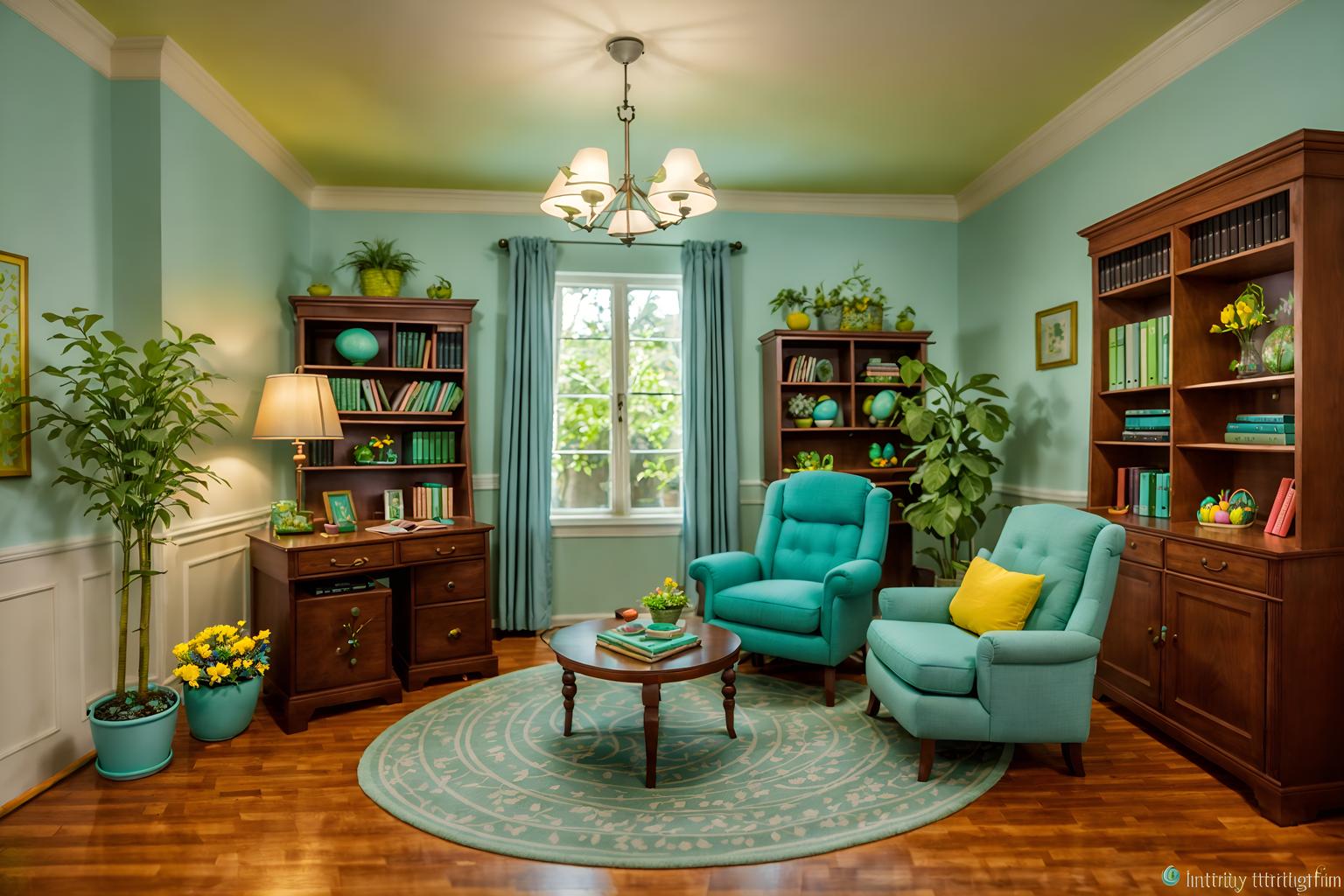 easter-style (study room interior) with lounge chair and cabinets and desk lamp and plant and office chair and bookshelves and writing desk and lounge chair. . with flowers on table and easter decorations and colorful easter eggs and light blue colors and spring decorations and flowers on table. . cinematic photo, highly detailed, cinematic lighting, ultra-detailed, ultrarealistic, photorealism, 8k. easter interior design style. masterpiece, cinematic light, ultrarealistic+, photorealistic+, 8k, raw photo, realistic, sharp focus on eyes, (symmetrical eyes), (intact eyes), hyperrealistic, highest quality, best quality, , highly detailed, masterpiece, best quality, extremely detailed 8k wallpaper, masterpiece, best quality, ultra-detailed, best shadow, detailed background, detailed face, detailed eyes, high contrast, best illumination, detailed face, dulux, caustic, dynamic angle, detailed glow. dramatic lighting. highly detailed, insanely detailed hair, symmetrical, intricate details, professionally retouched, 8k high definition. strong bokeh. award winning photo.