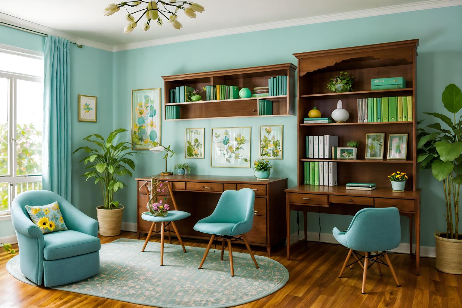 easter-style (study room interior) with lounge chair and cabinets and desk lamp and plant and office chair and bookshelves and writing desk and lounge chair. . with flowers on table and easter decorations and colorful easter eggs and light blue colors and spring decorations and flowers on table. . cinematic photo, highly detailed, cinematic lighting, ultra-detailed, ultrarealistic, photorealism, 8k. easter interior design style. masterpiece, cinematic light, ultrarealistic+, photorealistic+, 8k, raw photo, realistic, sharp focus on eyes, (symmetrical eyes), (intact eyes), hyperrealistic, highest quality, best quality, , highly detailed, masterpiece, best quality, extremely detailed 8k wallpaper, masterpiece, best quality, ultra-detailed, best shadow, detailed background, detailed face, detailed eyes, high contrast, best illumination, detailed face, dulux, caustic, dynamic angle, detailed glow. dramatic lighting. highly detailed, insanely detailed hair, symmetrical, intricate details, professionally retouched, 8k high definition. strong bokeh. award winning photo.