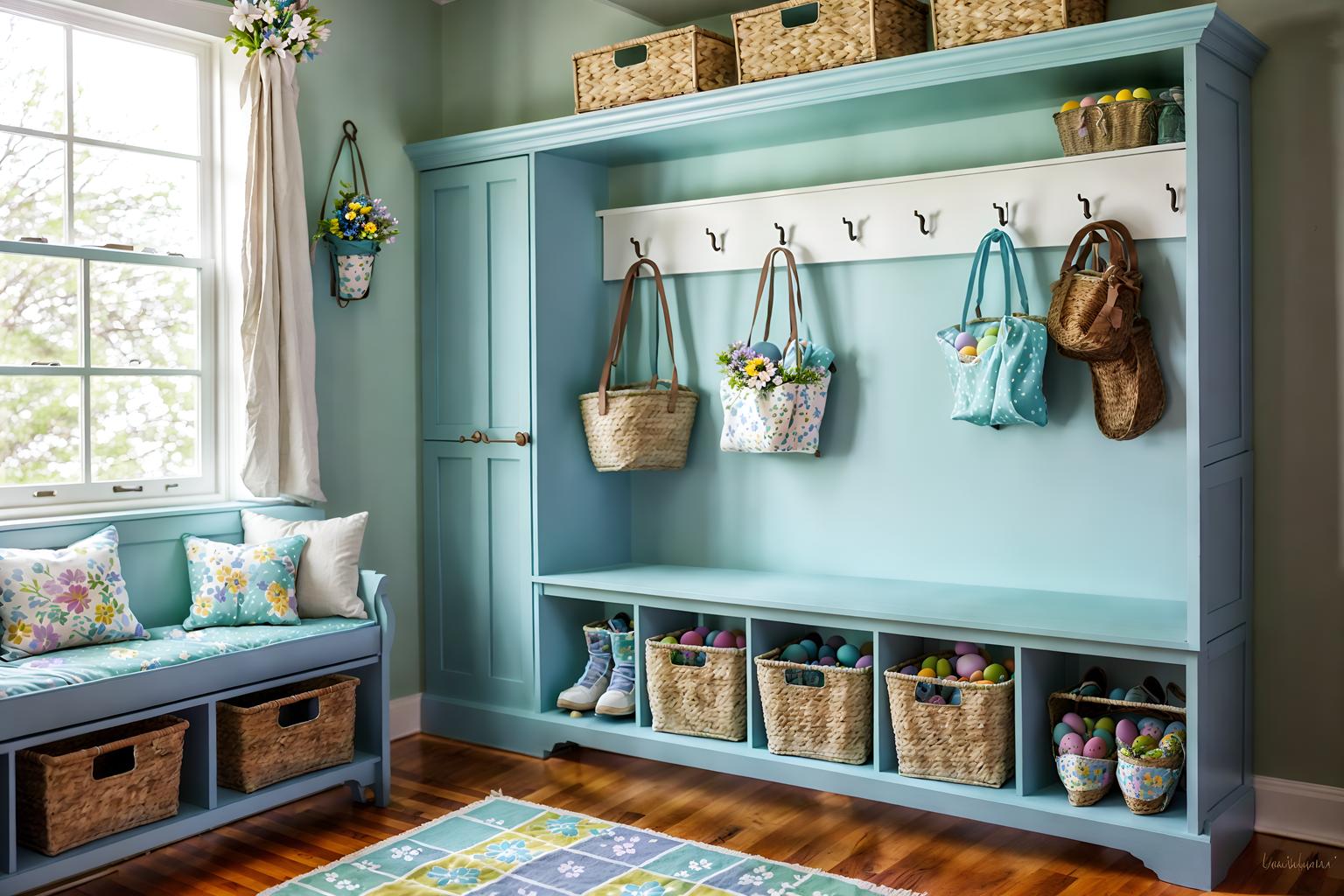 easter-style (mudroom interior) with a bench and cubbies and storage drawers and wall hooks for coats and cabinets and shelves for shoes and storage baskets and high up storage. . with spring decorations and light blue colors and colorful easter eggs and flowers on table and easter decorations and spring decorations. . cinematic photo, highly detailed, cinematic lighting, ultra-detailed, ultrarealistic, photorealism, 8k. easter interior design style. masterpiece, cinematic light, ultrarealistic+, photorealistic+, 8k, raw photo, realistic, sharp focus on eyes, (symmetrical eyes), (intact eyes), hyperrealistic, highest quality, best quality, , highly detailed, masterpiece, best quality, extremely detailed 8k wallpaper, masterpiece, best quality, ultra-detailed, best shadow, detailed background, detailed face, detailed eyes, high contrast, best illumination, detailed face, dulux, caustic, dynamic angle, detailed glow. dramatic lighting. highly detailed, insanely detailed hair, symmetrical, intricate details, professionally retouched, 8k high definition. strong bokeh. award winning photo.