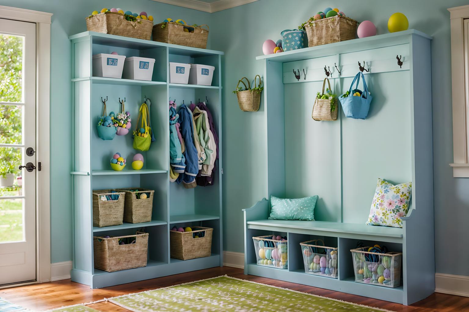 easter-style (mudroom interior) with a bench and cubbies and storage drawers and wall hooks for coats and cabinets and shelves for shoes and storage baskets and high up storage. . with spring decorations and light blue colors and colorful easter eggs and flowers on table and easter decorations and spring decorations. . cinematic photo, highly detailed, cinematic lighting, ultra-detailed, ultrarealistic, photorealism, 8k. easter interior design style. masterpiece, cinematic light, ultrarealistic+, photorealistic+, 8k, raw photo, realistic, sharp focus on eyes, (symmetrical eyes), (intact eyes), hyperrealistic, highest quality, best quality, , highly detailed, masterpiece, best quality, extremely detailed 8k wallpaper, masterpiece, best quality, ultra-detailed, best shadow, detailed background, detailed face, detailed eyes, high contrast, best illumination, detailed face, dulux, caustic, dynamic angle, detailed glow. dramatic lighting. highly detailed, insanely detailed hair, symmetrical, intricate details, professionally retouched, 8k high definition. strong bokeh. award winning photo.