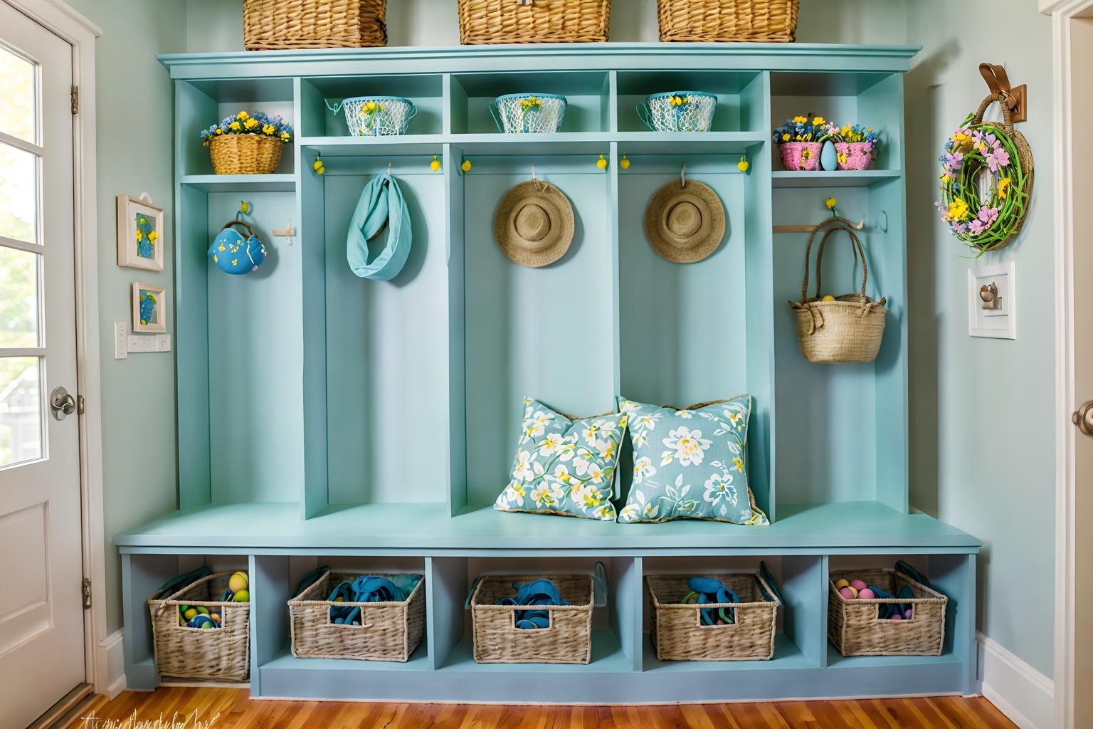 easter-style (mudroom interior) with a bench and cubbies and storage drawers and wall hooks for coats and cabinets and shelves for shoes and storage baskets and high up storage. . with spring decorations and light blue colors and colorful easter eggs and flowers on table and easter decorations and spring decorations. . cinematic photo, highly detailed, cinematic lighting, ultra-detailed, ultrarealistic, photorealism, 8k. easter interior design style. masterpiece, cinematic light, ultrarealistic+, photorealistic+, 8k, raw photo, realistic, sharp focus on eyes, (symmetrical eyes), (intact eyes), hyperrealistic, highest quality, best quality, , highly detailed, masterpiece, best quality, extremely detailed 8k wallpaper, masterpiece, best quality, ultra-detailed, best shadow, detailed background, detailed face, detailed eyes, high contrast, best illumination, detailed face, dulux, caustic, dynamic angle, detailed glow. dramatic lighting. highly detailed, insanely detailed hair, symmetrical, intricate details, professionally retouched, 8k high definition. strong bokeh. award winning photo.