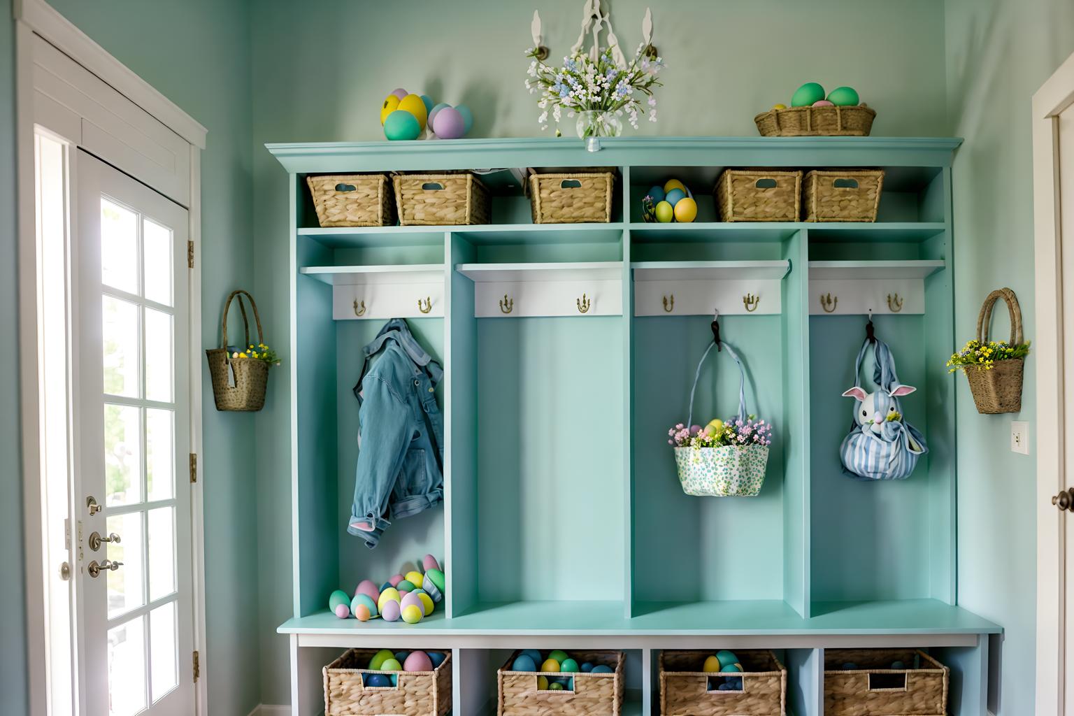 easter-style (mudroom interior) with a bench and cubbies and storage drawers and wall hooks for coats and cabinets and shelves for shoes and storage baskets and high up storage. . with spring decorations and light blue colors and colorful easter eggs and flowers on table and easter decorations and spring decorations. . cinematic photo, highly detailed, cinematic lighting, ultra-detailed, ultrarealistic, photorealism, 8k. easter interior design style. masterpiece, cinematic light, ultrarealistic+, photorealistic+, 8k, raw photo, realistic, sharp focus on eyes, (symmetrical eyes), (intact eyes), hyperrealistic, highest quality, best quality, , highly detailed, masterpiece, best quality, extremely detailed 8k wallpaper, masterpiece, best quality, ultra-detailed, best shadow, detailed background, detailed face, detailed eyes, high contrast, best illumination, detailed face, dulux, caustic, dynamic angle, detailed glow. dramatic lighting. highly detailed, insanely detailed hair, symmetrical, intricate details, professionally retouched, 8k high definition. strong bokeh. award winning photo.