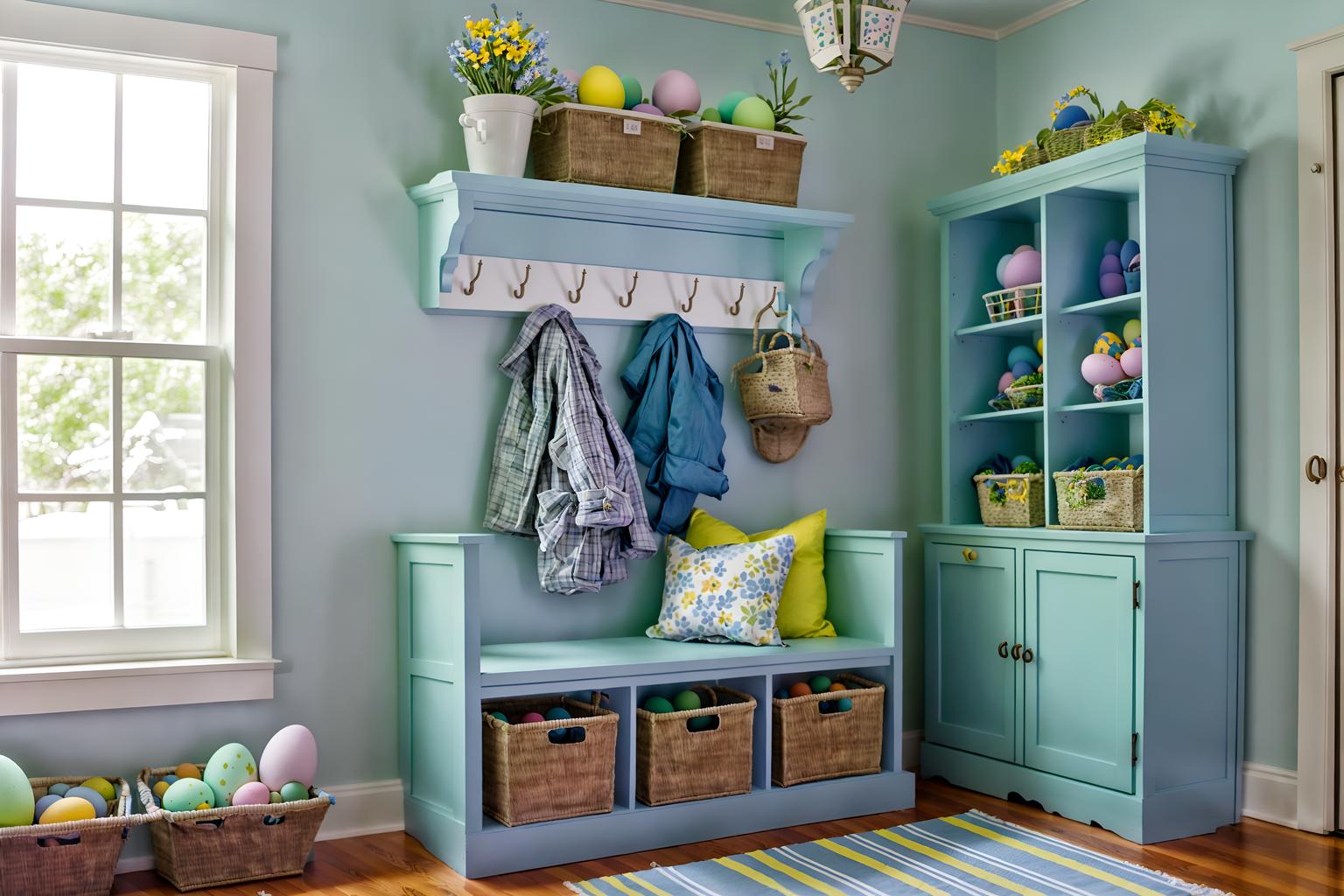 easter-style (mudroom interior) with a bench and cubbies and storage drawers and wall hooks for coats and cabinets and shelves for shoes and storage baskets and high up storage. . with spring decorations and light blue colors and colorful easter eggs and flowers on table and easter decorations and spring decorations. . cinematic photo, highly detailed, cinematic lighting, ultra-detailed, ultrarealistic, photorealism, 8k. easter interior design style. masterpiece, cinematic light, ultrarealistic+, photorealistic+, 8k, raw photo, realistic, sharp focus on eyes, (symmetrical eyes), (intact eyes), hyperrealistic, highest quality, best quality, , highly detailed, masterpiece, best quality, extremely detailed 8k wallpaper, masterpiece, best quality, ultra-detailed, best shadow, detailed background, detailed face, detailed eyes, high contrast, best illumination, detailed face, dulux, caustic, dynamic angle, detailed glow. dramatic lighting. highly detailed, insanely detailed hair, symmetrical, intricate details, professionally retouched, 8k high definition. strong bokeh. award winning photo.