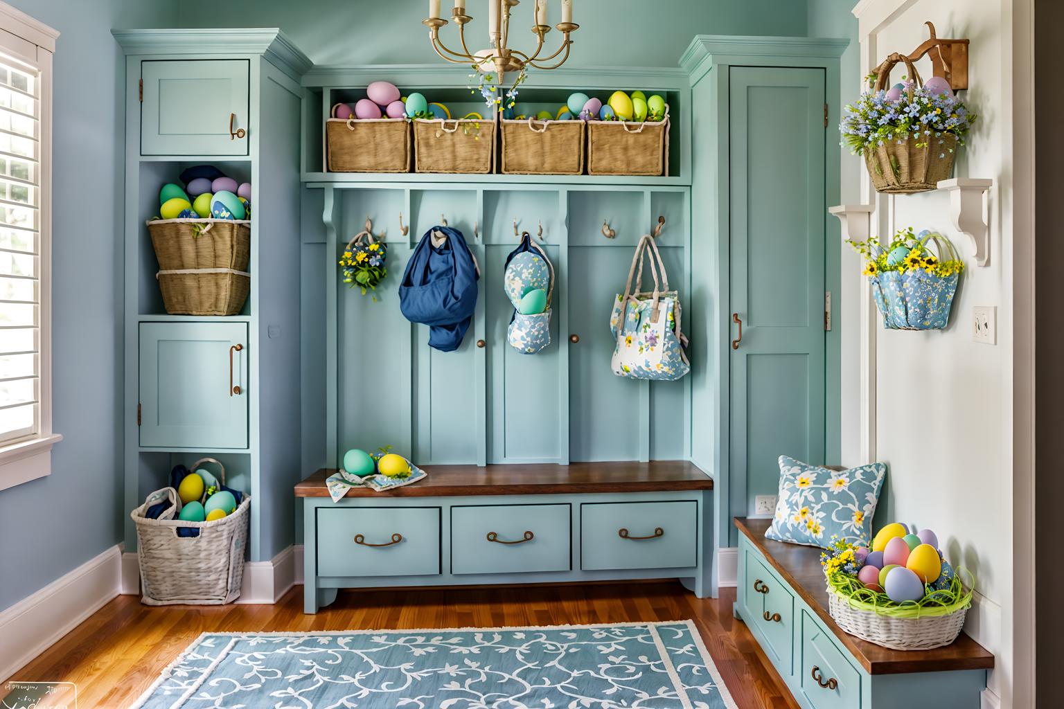 easter-style (mudroom interior) with a bench and cubbies and storage drawers and wall hooks for coats and cabinets and shelves for shoes and storage baskets and high up storage. . with spring decorations and light blue colors and colorful easter eggs and flowers on table and easter decorations and spring decorations. . cinematic photo, highly detailed, cinematic lighting, ultra-detailed, ultrarealistic, photorealism, 8k. easter interior design style. masterpiece, cinematic light, ultrarealistic+, photorealistic+, 8k, raw photo, realistic, sharp focus on eyes, (symmetrical eyes), (intact eyes), hyperrealistic, highest quality, best quality, , highly detailed, masterpiece, best quality, extremely detailed 8k wallpaper, masterpiece, best quality, ultra-detailed, best shadow, detailed background, detailed face, detailed eyes, high contrast, best illumination, detailed face, dulux, caustic, dynamic angle, detailed glow. dramatic lighting. highly detailed, insanely detailed hair, symmetrical, intricate details, professionally retouched, 8k high definition. strong bokeh. award winning photo.