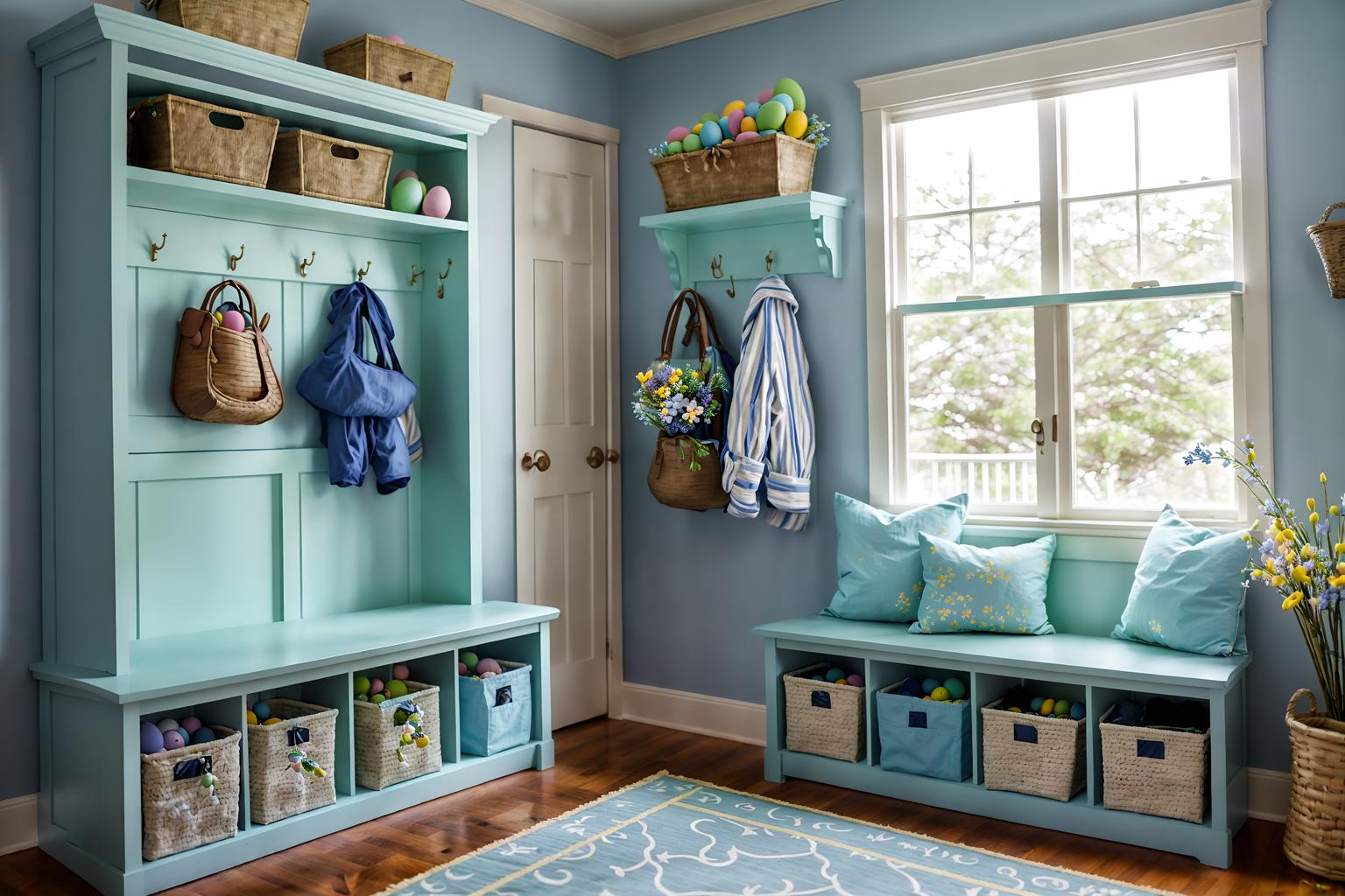 easter-style (mudroom interior) with a bench and cubbies and storage drawers and wall hooks for coats and cabinets and shelves for shoes and storage baskets and high up storage. . with spring decorations and light blue colors and colorful easter eggs and flowers on table and easter decorations and spring decorations. . cinematic photo, highly detailed, cinematic lighting, ultra-detailed, ultrarealistic, photorealism, 8k. easter interior design style. masterpiece, cinematic light, ultrarealistic+, photorealistic+, 8k, raw photo, realistic, sharp focus on eyes, (symmetrical eyes), (intact eyes), hyperrealistic, highest quality, best quality, , highly detailed, masterpiece, best quality, extremely detailed 8k wallpaper, masterpiece, best quality, ultra-detailed, best shadow, detailed background, detailed face, detailed eyes, high contrast, best illumination, detailed face, dulux, caustic, dynamic angle, detailed glow. dramatic lighting. highly detailed, insanely detailed hair, symmetrical, intricate details, professionally retouched, 8k high definition. strong bokeh. award winning photo.