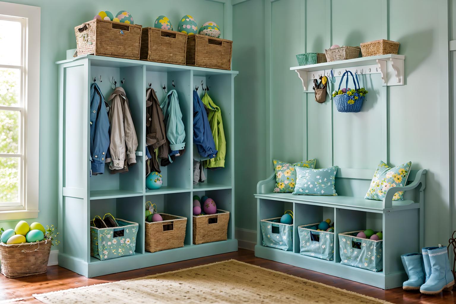 easter-style (mudroom interior) with a bench and cubbies and storage drawers and wall hooks for coats and cabinets and shelves for shoes and storage baskets and high up storage. . with spring decorations and light blue colors and colorful easter eggs and flowers on table and easter decorations and spring decorations. . cinematic photo, highly detailed, cinematic lighting, ultra-detailed, ultrarealistic, photorealism, 8k. easter interior design style. masterpiece, cinematic light, ultrarealistic+, photorealistic+, 8k, raw photo, realistic, sharp focus on eyes, (symmetrical eyes), (intact eyes), hyperrealistic, highest quality, best quality, , highly detailed, masterpiece, best quality, extremely detailed 8k wallpaper, masterpiece, best quality, ultra-detailed, best shadow, detailed background, detailed face, detailed eyes, high contrast, best illumination, detailed face, dulux, caustic, dynamic angle, detailed glow. dramatic lighting. highly detailed, insanely detailed hair, symmetrical, intricate details, professionally retouched, 8k high definition. strong bokeh. award winning photo.