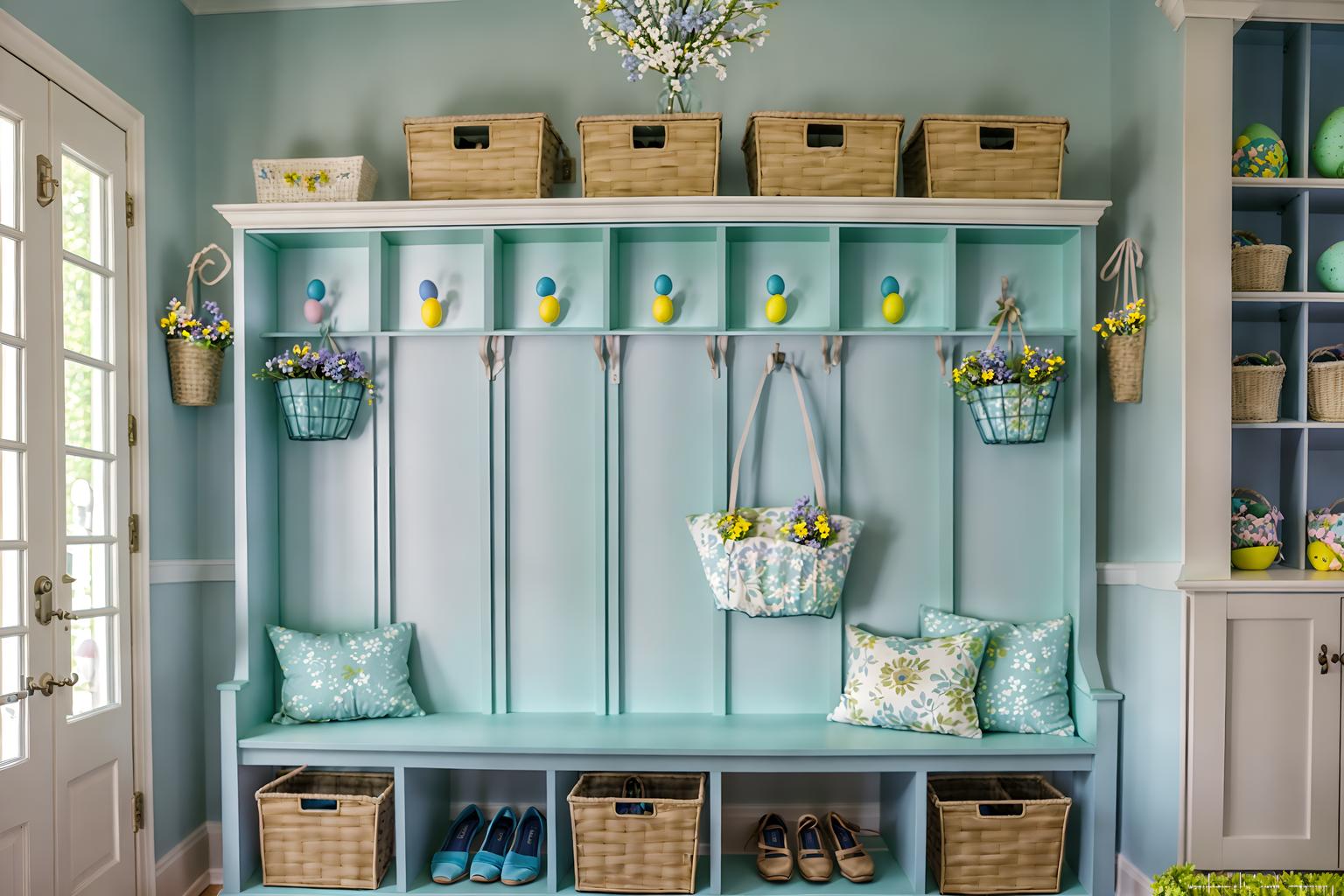 easter-style (mudroom interior) with a bench and cubbies and storage drawers and wall hooks for coats and cabinets and shelves for shoes and storage baskets and high up storage. . with spring decorations and light blue colors and colorful easter eggs and flowers on table and easter decorations and spring decorations. . cinematic photo, highly detailed, cinematic lighting, ultra-detailed, ultrarealistic, photorealism, 8k. easter interior design style. masterpiece, cinematic light, ultrarealistic+, photorealistic+, 8k, raw photo, realistic, sharp focus on eyes, (symmetrical eyes), (intact eyes), hyperrealistic, highest quality, best quality, , highly detailed, masterpiece, best quality, extremely detailed 8k wallpaper, masterpiece, best quality, ultra-detailed, best shadow, detailed background, detailed face, detailed eyes, high contrast, best illumination, detailed face, dulux, caustic, dynamic angle, detailed glow. dramatic lighting. highly detailed, insanely detailed hair, symmetrical, intricate details, professionally retouched, 8k high definition. strong bokeh. award winning photo.