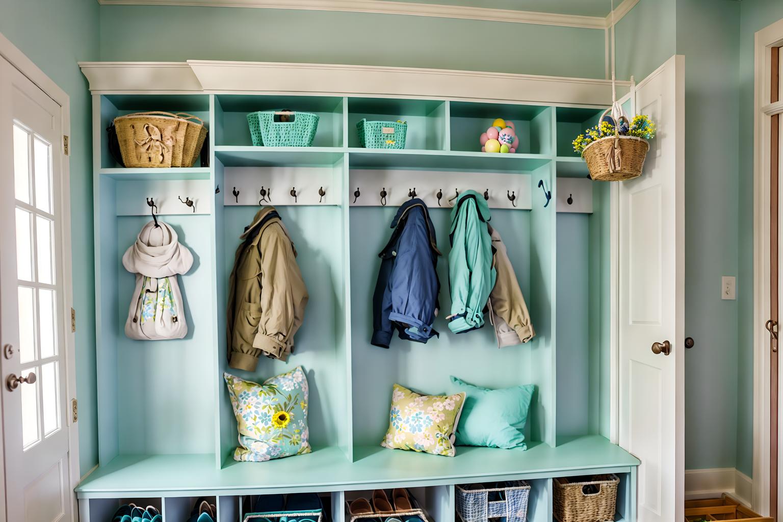 easter-style (mudroom interior) with a bench and cubbies and storage drawers and wall hooks for coats and cabinets and shelves for shoes and storage baskets and high up storage. . with spring decorations and light blue colors and colorful easter eggs and flowers on table and easter decorations and spring decorations. . cinematic photo, highly detailed, cinematic lighting, ultra-detailed, ultrarealistic, photorealism, 8k. easter interior design style. masterpiece, cinematic light, ultrarealistic+, photorealistic+, 8k, raw photo, realistic, sharp focus on eyes, (symmetrical eyes), (intact eyes), hyperrealistic, highest quality, best quality, , highly detailed, masterpiece, best quality, extremely detailed 8k wallpaper, masterpiece, best quality, ultra-detailed, best shadow, detailed background, detailed face, detailed eyes, high contrast, best illumination, detailed face, dulux, caustic, dynamic angle, detailed glow. dramatic lighting. highly detailed, insanely detailed hair, symmetrical, intricate details, professionally retouched, 8k high definition. strong bokeh. award winning photo.