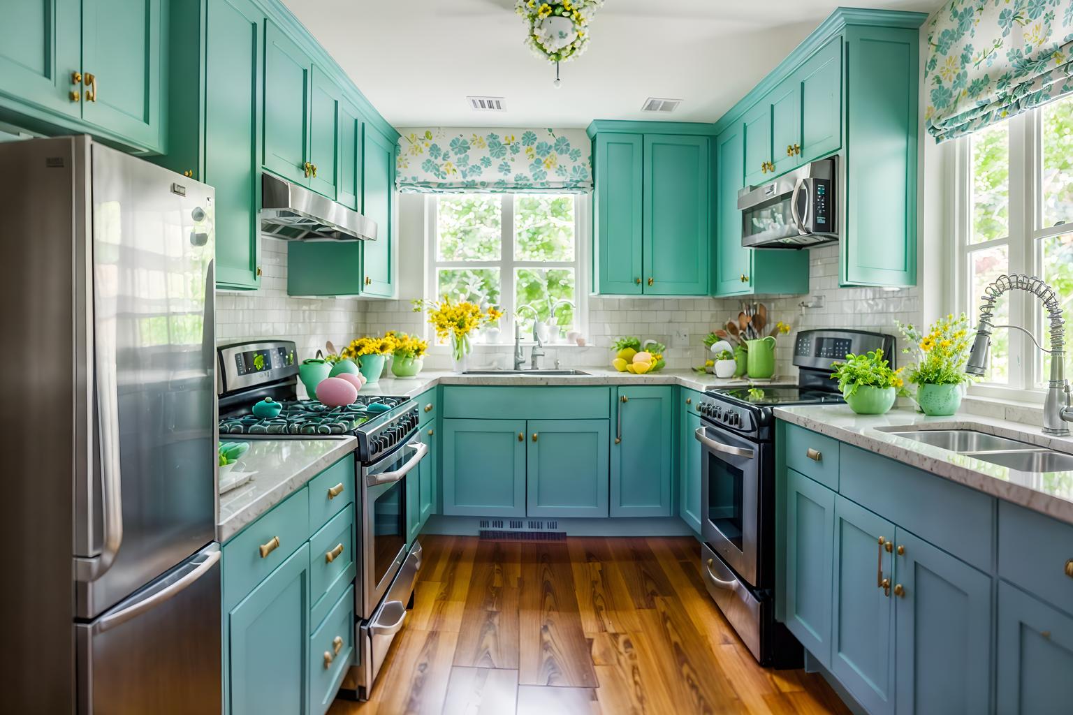 easter-style (kitchen interior) with sink and refrigerator and stove and worktops and plant and kitchen cabinets and sink. . with spring decorations and light blue colors and colorful easter eggs and flowers on table and easter decorations and spring decorations. . cinematic photo, highly detailed, cinematic lighting, ultra-detailed, ultrarealistic, photorealism, 8k. easter interior design style. masterpiece, cinematic light, ultrarealistic+, photorealistic+, 8k, raw photo, realistic, sharp focus on eyes, (symmetrical eyes), (intact eyes), hyperrealistic, highest quality, best quality, , highly detailed, masterpiece, best quality, extremely detailed 8k wallpaper, masterpiece, best quality, ultra-detailed, best shadow, detailed background, detailed face, detailed eyes, high contrast, best illumination, detailed face, dulux, caustic, dynamic angle, detailed glow. dramatic lighting. highly detailed, insanely detailed hair, symmetrical, intricate details, professionally retouched, 8k high definition. strong bokeh. award winning photo.