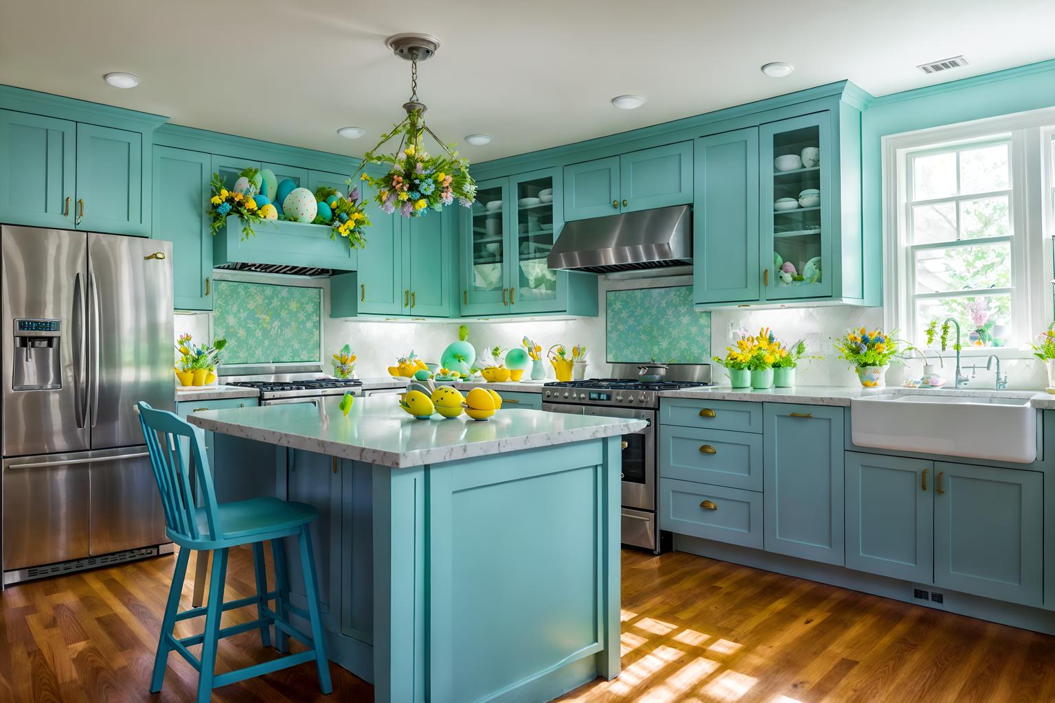 easter-style (kitchen interior) with sink and refrigerator and stove and worktops and plant and kitchen cabinets and sink. . with spring decorations and light blue colors and colorful easter eggs and flowers on table and easter decorations and spring decorations. . cinematic photo, highly detailed, cinematic lighting, ultra-detailed, ultrarealistic, photorealism, 8k. easter interior design style. masterpiece, cinematic light, ultrarealistic+, photorealistic+, 8k, raw photo, realistic, sharp focus on eyes, (symmetrical eyes), (intact eyes), hyperrealistic, highest quality, best quality, , highly detailed, masterpiece, best quality, extremely detailed 8k wallpaper, masterpiece, best quality, ultra-detailed, best shadow, detailed background, detailed face, detailed eyes, high contrast, best illumination, detailed face, dulux, caustic, dynamic angle, detailed glow. dramatic lighting. highly detailed, insanely detailed hair, symmetrical, intricate details, professionally retouched, 8k high definition. strong bokeh. award winning photo.