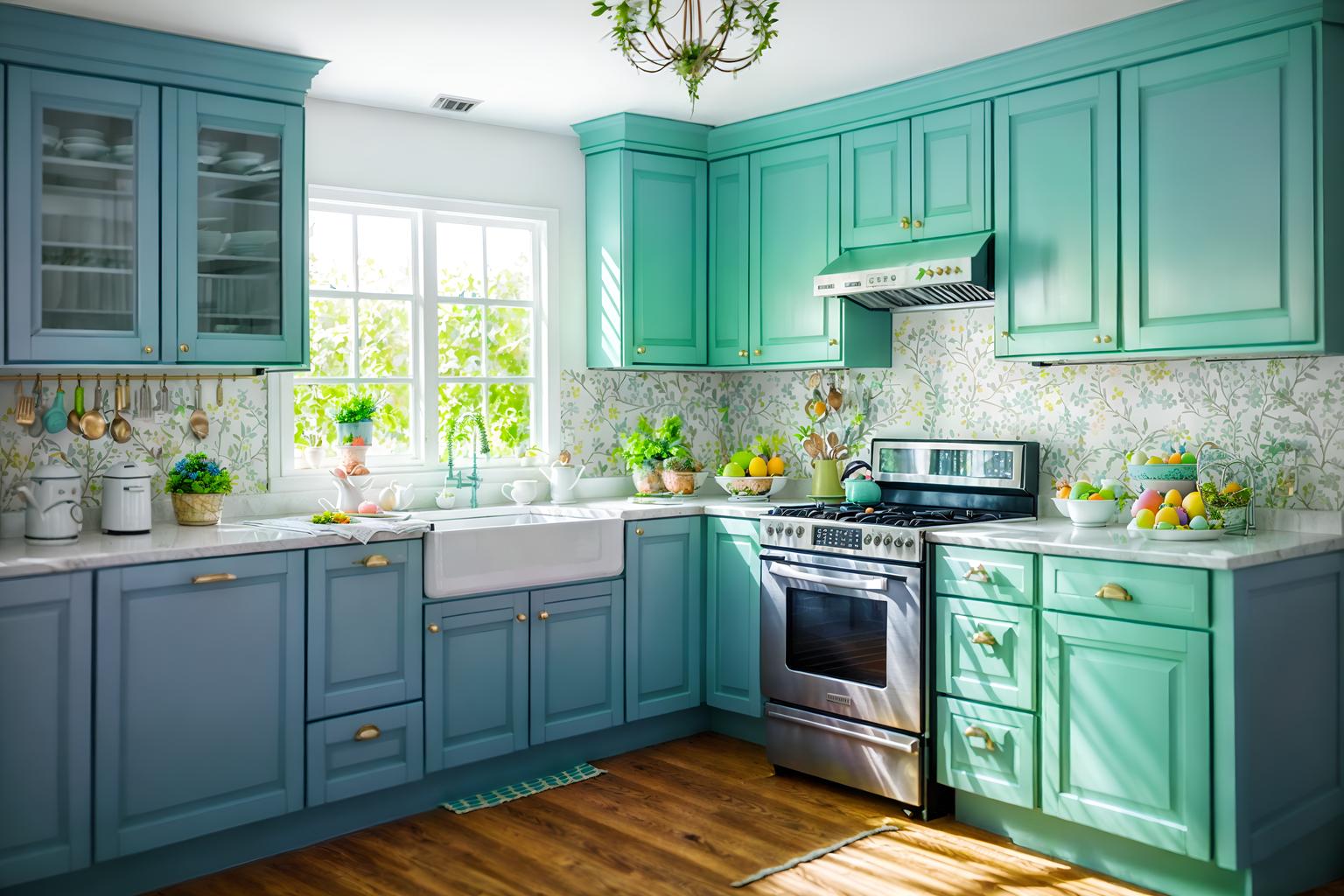 easter-style (kitchen interior) with sink and refrigerator and stove and worktops and plant and kitchen cabinets and sink. . with spring decorations and light blue colors and colorful easter eggs and flowers on table and easter decorations and spring decorations. . cinematic photo, highly detailed, cinematic lighting, ultra-detailed, ultrarealistic, photorealism, 8k. easter interior design style. masterpiece, cinematic light, ultrarealistic+, photorealistic+, 8k, raw photo, realistic, sharp focus on eyes, (symmetrical eyes), (intact eyes), hyperrealistic, highest quality, best quality, , highly detailed, masterpiece, best quality, extremely detailed 8k wallpaper, masterpiece, best quality, ultra-detailed, best shadow, detailed background, detailed face, detailed eyes, high contrast, best illumination, detailed face, dulux, caustic, dynamic angle, detailed glow. dramatic lighting. highly detailed, insanely detailed hair, symmetrical, intricate details, professionally retouched, 8k high definition. strong bokeh. award winning photo.