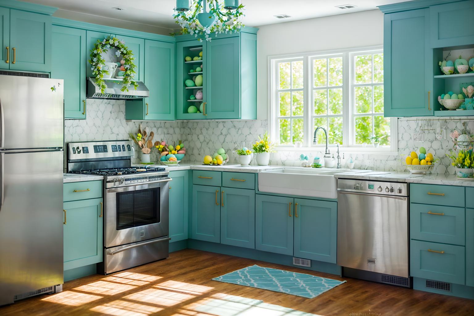 easter-style (kitchen interior) with sink and refrigerator and stove and worktops and plant and kitchen cabinets and sink. . with spring decorations and light blue colors and colorful easter eggs and flowers on table and easter decorations and spring decorations. . cinematic photo, highly detailed, cinematic lighting, ultra-detailed, ultrarealistic, photorealism, 8k. easter interior design style. masterpiece, cinematic light, ultrarealistic+, photorealistic+, 8k, raw photo, realistic, sharp focus on eyes, (symmetrical eyes), (intact eyes), hyperrealistic, highest quality, best quality, , highly detailed, masterpiece, best quality, extremely detailed 8k wallpaper, masterpiece, best quality, ultra-detailed, best shadow, detailed background, detailed face, detailed eyes, high contrast, best illumination, detailed face, dulux, caustic, dynamic angle, detailed glow. dramatic lighting. highly detailed, insanely detailed hair, symmetrical, intricate details, professionally retouched, 8k high definition. strong bokeh. award winning photo.