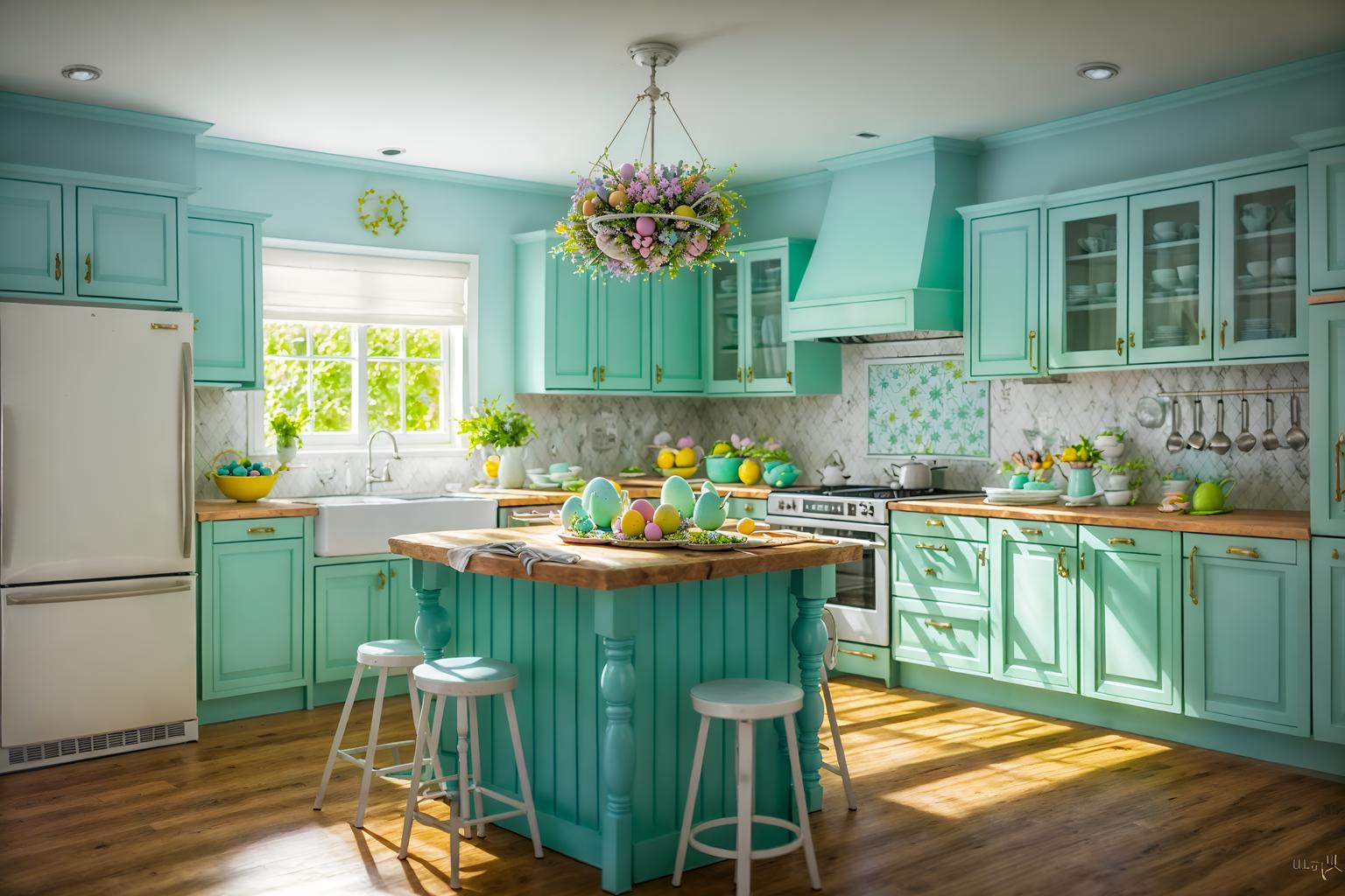 easter-style (kitchen interior) with sink and refrigerator and stove and worktops and plant and kitchen cabinets and sink. . with spring decorations and light blue colors and colorful easter eggs and flowers on table and easter decorations and spring decorations. . cinematic photo, highly detailed, cinematic lighting, ultra-detailed, ultrarealistic, photorealism, 8k. easter interior design style. masterpiece, cinematic light, ultrarealistic+, photorealistic+, 8k, raw photo, realistic, sharp focus on eyes, (symmetrical eyes), (intact eyes), hyperrealistic, highest quality, best quality, , highly detailed, masterpiece, best quality, extremely detailed 8k wallpaper, masterpiece, best quality, ultra-detailed, best shadow, detailed background, detailed face, detailed eyes, high contrast, best illumination, detailed face, dulux, caustic, dynamic angle, detailed glow. dramatic lighting. highly detailed, insanely detailed hair, symmetrical, intricate details, professionally retouched, 8k high definition. strong bokeh. award winning photo.