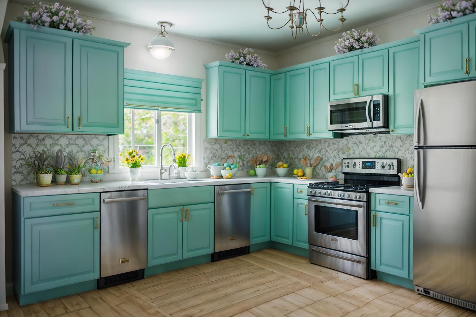 easter-style (kitchen interior) with sink and refrigerator and stove and worktops and plant and kitchen cabinets and sink. . with spring decorations and light blue colors and colorful easter eggs and flowers on table and easter decorations and spring decorations. . cinematic photo, highly detailed, cinematic lighting, ultra-detailed, ultrarealistic, photorealism, 8k. easter interior design style. masterpiece, cinematic light, ultrarealistic+, photorealistic+, 8k, raw photo, realistic, sharp focus on eyes, (symmetrical eyes), (intact eyes), hyperrealistic, highest quality, best quality, , highly detailed, masterpiece, best quality, extremely detailed 8k wallpaper, masterpiece, best quality, ultra-detailed, best shadow, detailed background, detailed face, detailed eyes, high contrast, best illumination, detailed face, dulux, caustic, dynamic angle, detailed glow. dramatic lighting. highly detailed, insanely detailed hair, symmetrical, intricate details, professionally retouched, 8k high definition. strong bokeh. award winning photo.