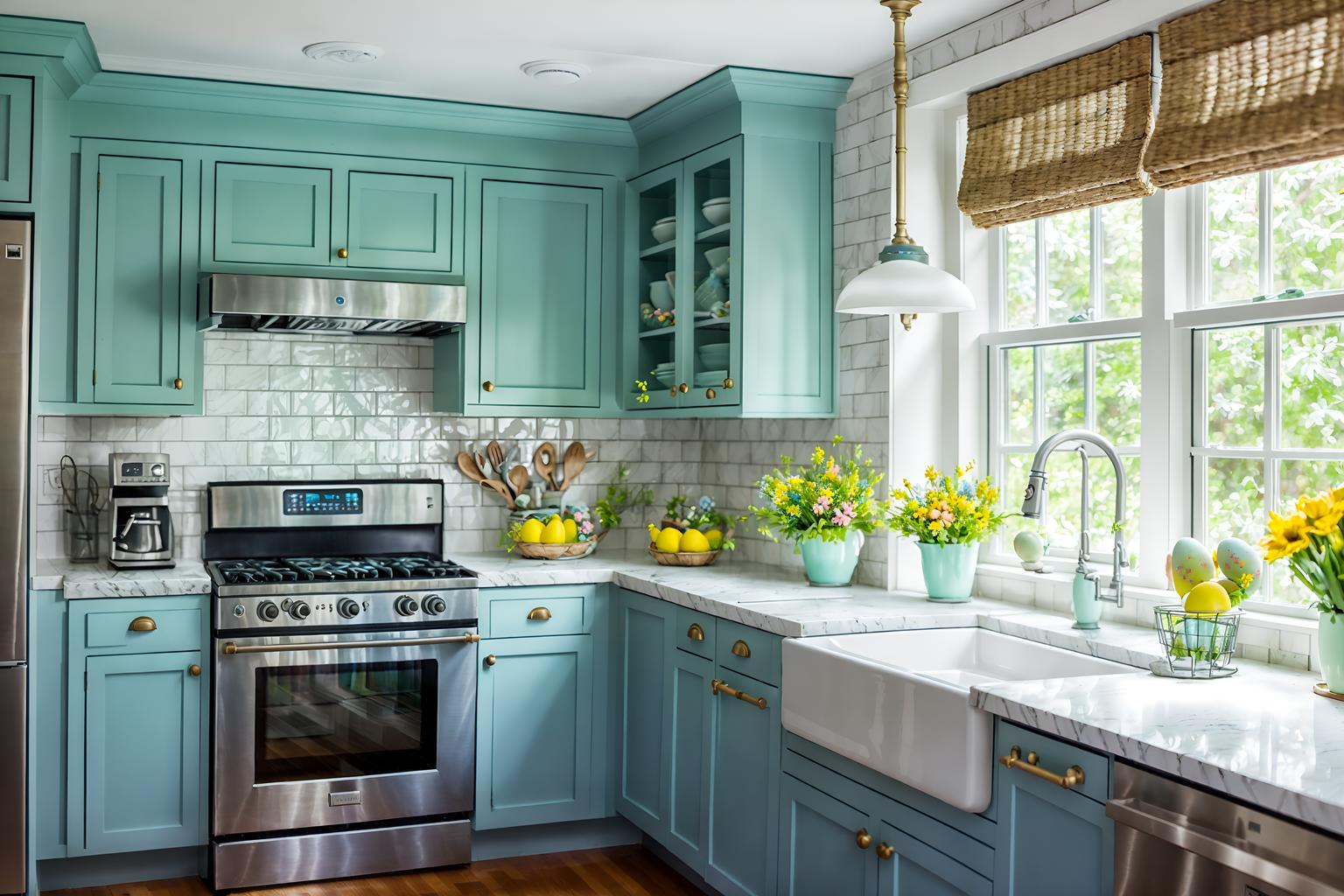 easter-style (kitchen interior) with sink and refrigerator and stove and worktops and plant and kitchen cabinets and sink. . with spring decorations and light blue colors and colorful easter eggs and flowers on table and easter decorations and spring decorations. . cinematic photo, highly detailed, cinematic lighting, ultra-detailed, ultrarealistic, photorealism, 8k. easter interior design style. masterpiece, cinematic light, ultrarealistic+, photorealistic+, 8k, raw photo, realistic, sharp focus on eyes, (symmetrical eyes), (intact eyes), hyperrealistic, highest quality, best quality, , highly detailed, masterpiece, best quality, extremely detailed 8k wallpaper, masterpiece, best quality, ultra-detailed, best shadow, detailed background, detailed face, detailed eyes, high contrast, best illumination, detailed face, dulux, caustic, dynamic angle, detailed glow. dramatic lighting. highly detailed, insanely detailed hair, symmetrical, intricate details, professionally retouched, 8k high definition. strong bokeh. award winning photo.