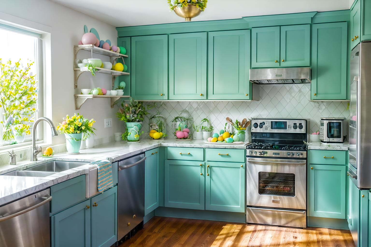 easter-style (kitchen interior) with sink and refrigerator and stove and worktops and plant and kitchen cabinets and sink. . with spring decorations and light blue colors and colorful easter eggs and flowers on table and easter decorations and spring decorations. . cinematic photo, highly detailed, cinematic lighting, ultra-detailed, ultrarealistic, photorealism, 8k. easter interior design style. masterpiece, cinematic light, ultrarealistic+, photorealistic+, 8k, raw photo, realistic, sharp focus on eyes, (symmetrical eyes), (intact eyes), hyperrealistic, highest quality, best quality, , highly detailed, masterpiece, best quality, extremely detailed 8k wallpaper, masterpiece, best quality, ultra-detailed, best shadow, detailed background, detailed face, detailed eyes, high contrast, best illumination, detailed face, dulux, caustic, dynamic angle, detailed glow. dramatic lighting. highly detailed, insanely detailed hair, symmetrical, intricate details, professionally retouched, 8k high definition. strong bokeh. award winning photo.
