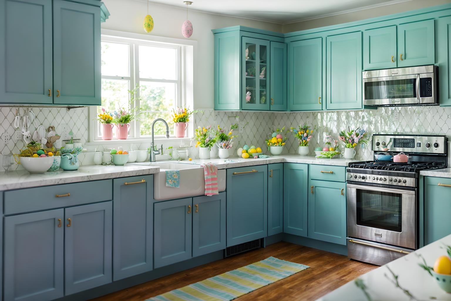 easter-style (kitchen interior) with sink and refrigerator and stove and worktops and plant and kitchen cabinets and sink. . with spring decorations and light blue colors and colorful easter eggs and flowers on table and easter decorations and spring decorations. . cinematic photo, highly detailed, cinematic lighting, ultra-detailed, ultrarealistic, photorealism, 8k. easter interior design style. masterpiece, cinematic light, ultrarealistic+, photorealistic+, 8k, raw photo, realistic, sharp focus on eyes, (symmetrical eyes), (intact eyes), hyperrealistic, highest quality, best quality, , highly detailed, masterpiece, best quality, extremely detailed 8k wallpaper, masterpiece, best quality, ultra-detailed, best shadow, detailed background, detailed face, detailed eyes, high contrast, best illumination, detailed face, dulux, caustic, dynamic angle, detailed glow. dramatic lighting. highly detailed, insanely detailed hair, symmetrical, intricate details, professionally retouched, 8k high definition. strong bokeh. award winning photo.