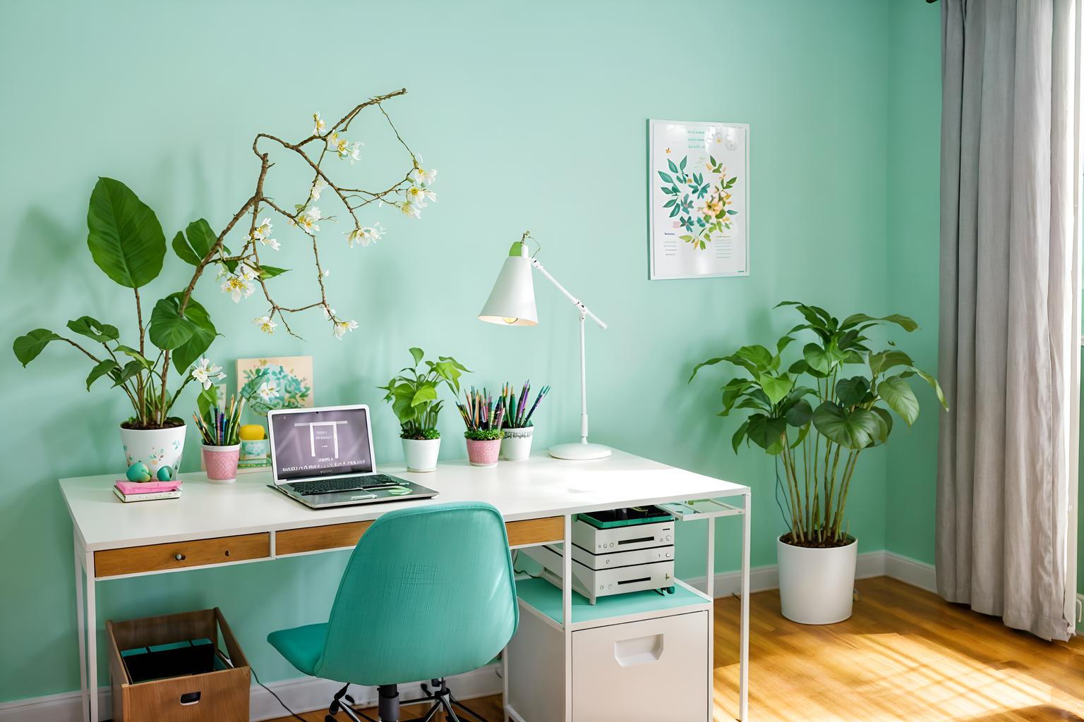 easter-style (home office interior) with plant and cabinets and computer desk and desk lamp and office chair and plant. . with flowers on table and easter decorations and spring decorations and colorful easter eggs and light blue colors and flowers on table. . cinematic photo, highly detailed, cinematic lighting, ultra-detailed, ultrarealistic, photorealism, 8k. easter interior design style. masterpiece, cinematic light, ultrarealistic+, photorealistic+, 8k, raw photo, realistic, sharp focus on eyes, (symmetrical eyes), (intact eyes), hyperrealistic, highest quality, best quality, , highly detailed, masterpiece, best quality, extremely detailed 8k wallpaper, masterpiece, best quality, ultra-detailed, best shadow, detailed background, detailed face, detailed eyes, high contrast, best illumination, detailed face, dulux, caustic, dynamic angle, detailed glow. dramatic lighting. highly detailed, insanely detailed hair, symmetrical, intricate details, professionally retouched, 8k high definition. strong bokeh. award winning photo.