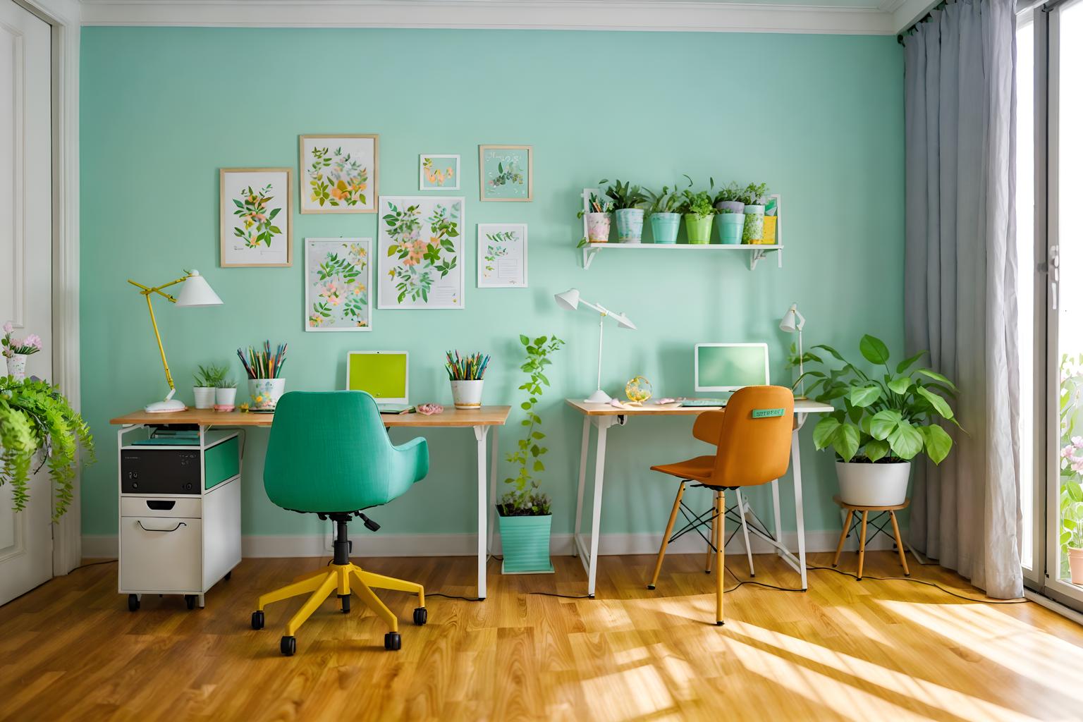 easter-style (home office interior) with plant and cabinets and computer desk and desk lamp and office chair and plant. . with flowers on table and easter decorations and spring decorations and colorful easter eggs and light blue colors and flowers on table. . cinematic photo, highly detailed, cinematic lighting, ultra-detailed, ultrarealistic, photorealism, 8k. easter interior design style. masterpiece, cinematic light, ultrarealistic+, photorealistic+, 8k, raw photo, realistic, sharp focus on eyes, (symmetrical eyes), (intact eyes), hyperrealistic, highest quality, best quality, , highly detailed, masterpiece, best quality, extremely detailed 8k wallpaper, masterpiece, best quality, ultra-detailed, best shadow, detailed background, detailed face, detailed eyes, high contrast, best illumination, detailed face, dulux, caustic, dynamic angle, detailed glow. dramatic lighting. highly detailed, insanely detailed hair, symmetrical, intricate details, professionally retouched, 8k high definition. strong bokeh. award winning photo.