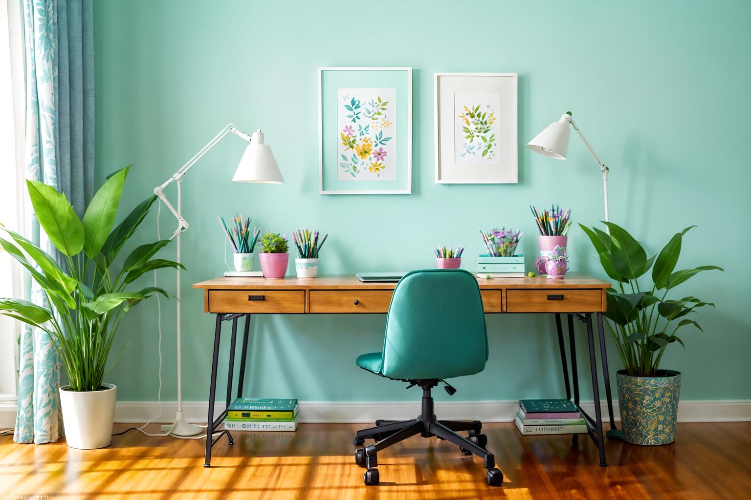 easter-style (home office interior) with plant and cabinets and computer desk and desk lamp and office chair and plant. . with flowers on table and easter decorations and spring decorations and colorful easter eggs and light blue colors and flowers on table. . cinematic photo, highly detailed, cinematic lighting, ultra-detailed, ultrarealistic, photorealism, 8k. easter interior design style. masterpiece, cinematic light, ultrarealistic+, photorealistic+, 8k, raw photo, realistic, sharp focus on eyes, (symmetrical eyes), (intact eyes), hyperrealistic, highest quality, best quality, , highly detailed, masterpiece, best quality, extremely detailed 8k wallpaper, masterpiece, best quality, ultra-detailed, best shadow, detailed background, detailed face, detailed eyes, high contrast, best illumination, detailed face, dulux, caustic, dynamic angle, detailed glow. dramatic lighting. highly detailed, insanely detailed hair, symmetrical, intricate details, professionally retouched, 8k high definition. strong bokeh. award winning photo.