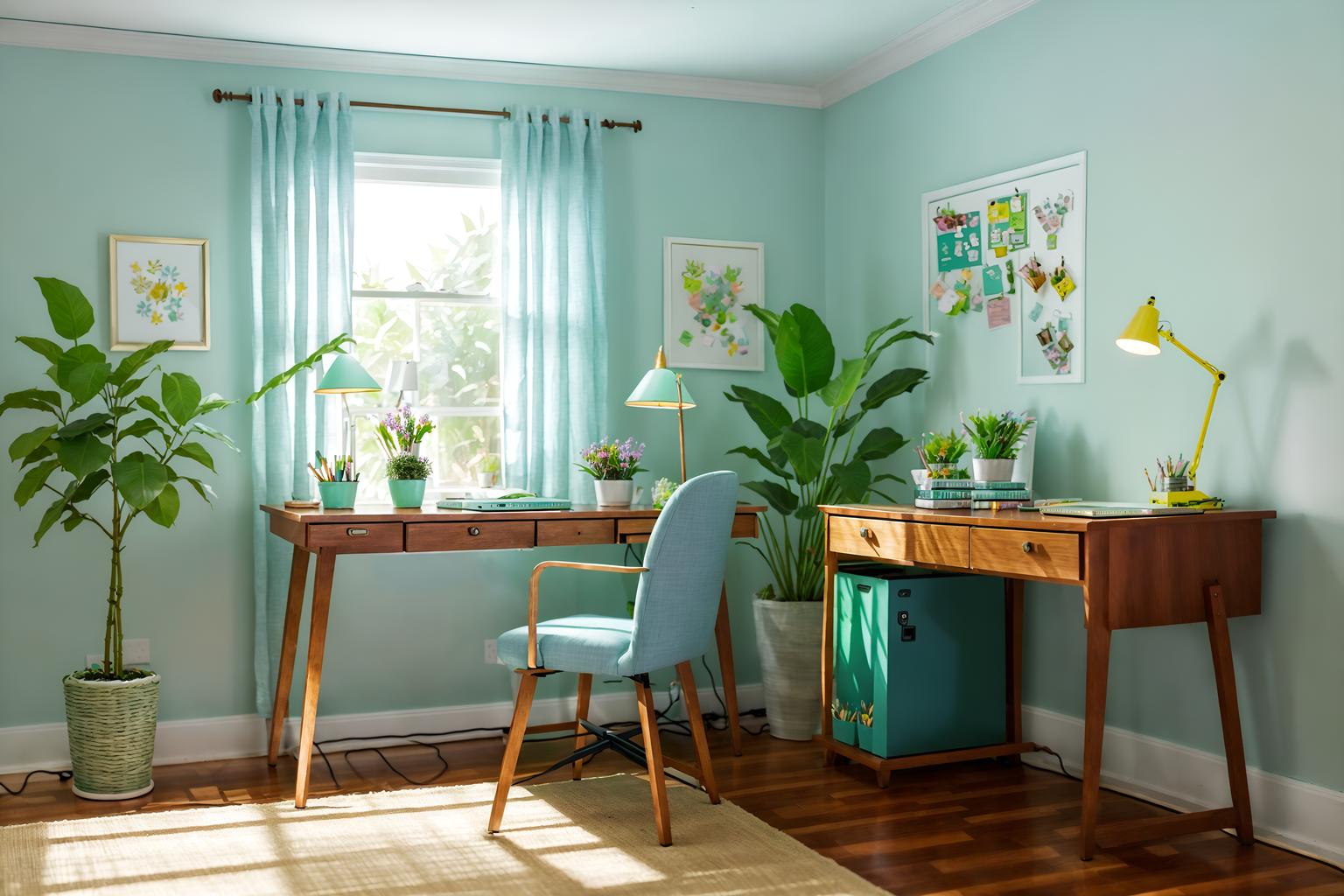 easter-style (home office interior) with plant and cabinets and computer desk and desk lamp and office chair and plant. . with flowers on table and easter decorations and spring decorations and colorful easter eggs and light blue colors and flowers on table. . cinematic photo, highly detailed, cinematic lighting, ultra-detailed, ultrarealistic, photorealism, 8k. easter interior design style. masterpiece, cinematic light, ultrarealistic+, photorealistic+, 8k, raw photo, realistic, sharp focus on eyes, (symmetrical eyes), (intact eyes), hyperrealistic, highest quality, best quality, , highly detailed, masterpiece, best quality, extremely detailed 8k wallpaper, masterpiece, best quality, ultra-detailed, best shadow, detailed background, detailed face, detailed eyes, high contrast, best illumination, detailed face, dulux, caustic, dynamic angle, detailed glow. dramatic lighting. highly detailed, insanely detailed hair, symmetrical, intricate details, professionally retouched, 8k high definition. strong bokeh. award winning photo.