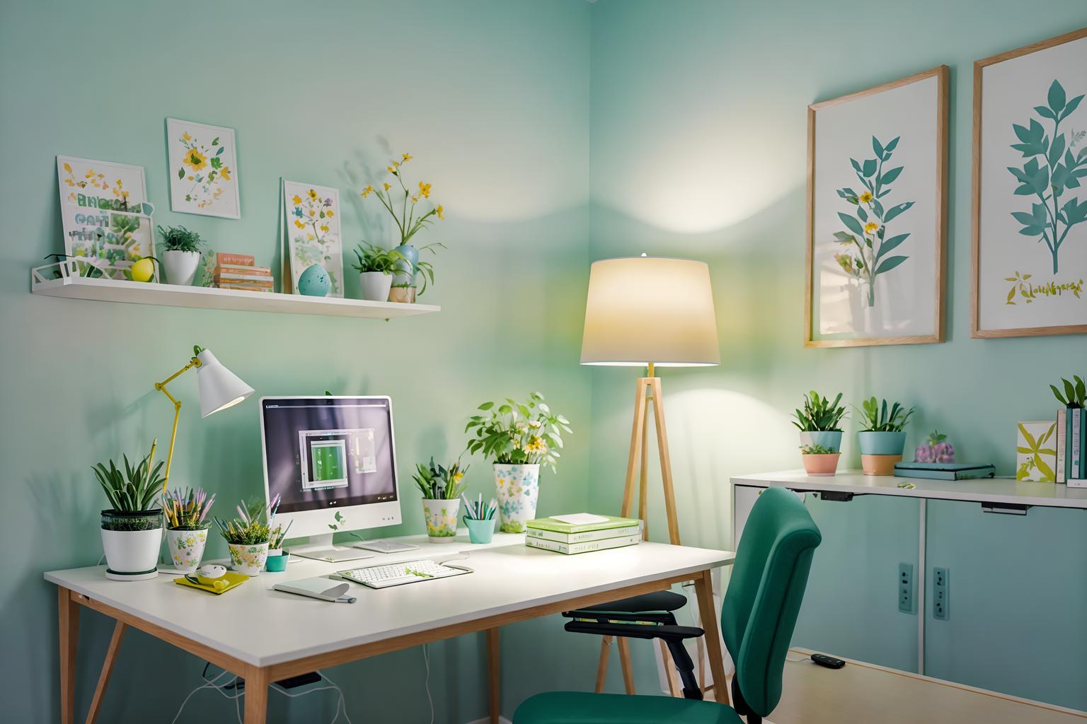 easter-style (home office interior) with plant and cabinets and computer desk and desk lamp and office chair and plant. . with flowers on table and easter decorations and spring decorations and colorful easter eggs and light blue colors and flowers on table. . cinematic photo, highly detailed, cinematic lighting, ultra-detailed, ultrarealistic, photorealism, 8k. easter interior design style. masterpiece, cinematic light, ultrarealistic+, photorealistic+, 8k, raw photo, realistic, sharp focus on eyes, (symmetrical eyes), (intact eyes), hyperrealistic, highest quality, best quality, , highly detailed, masterpiece, best quality, extremely detailed 8k wallpaper, masterpiece, best quality, ultra-detailed, best shadow, detailed background, detailed face, detailed eyes, high contrast, best illumination, detailed face, dulux, caustic, dynamic angle, detailed glow. dramatic lighting. highly detailed, insanely detailed hair, symmetrical, intricate details, professionally retouched, 8k high definition. strong bokeh. award winning photo.