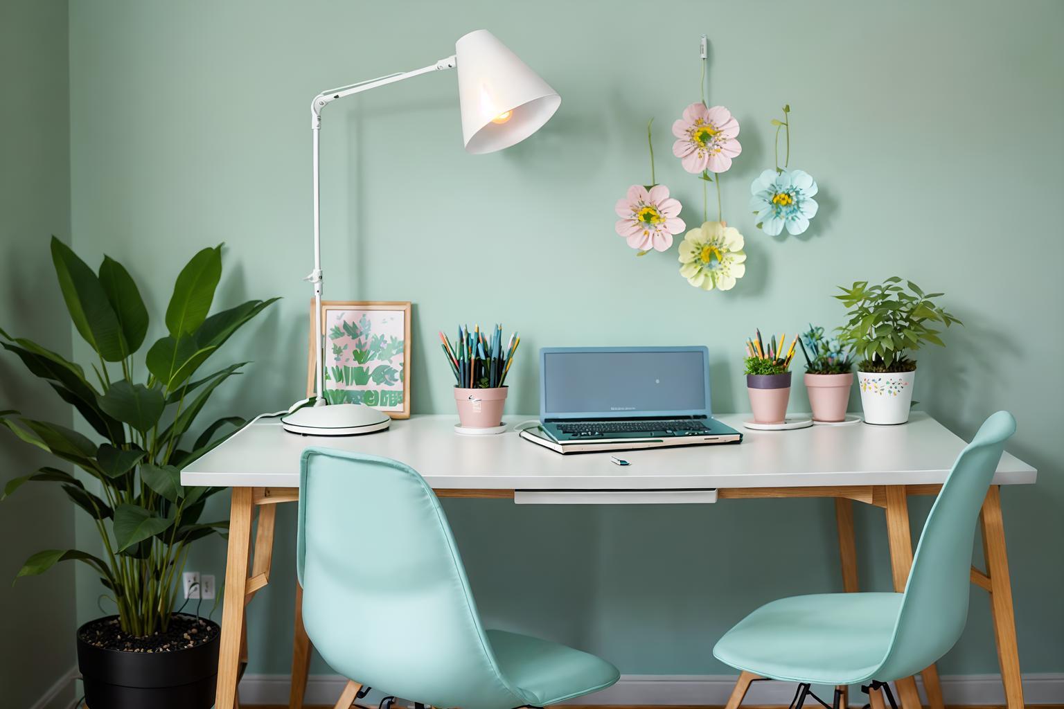 easter-style (home office interior) with plant and cabinets and computer desk and desk lamp and office chair and plant. . with flowers on table and easter decorations and spring decorations and colorful easter eggs and light blue colors and flowers on table. . cinematic photo, highly detailed, cinematic lighting, ultra-detailed, ultrarealistic, photorealism, 8k. easter interior design style. masterpiece, cinematic light, ultrarealistic+, photorealistic+, 8k, raw photo, realistic, sharp focus on eyes, (symmetrical eyes), (intact eyes), hyperrealistic, highest quality, best quality, , highly detailed, masterpiece, best quality, extremely detailed 8k wallpaper, masterpiece, best quality, ultra-detailed, best shadow, detailed background, detailed face, detailed eyes, high contrast, best illumination, detailed face, dulux, caustic, dynamic angle, detailed glow. dramatic lighting. highly detailed, insanely detailed hair, symmetrical, intricate details, professionally retouched, 8k high definition. strong bokeh. award winning photo.