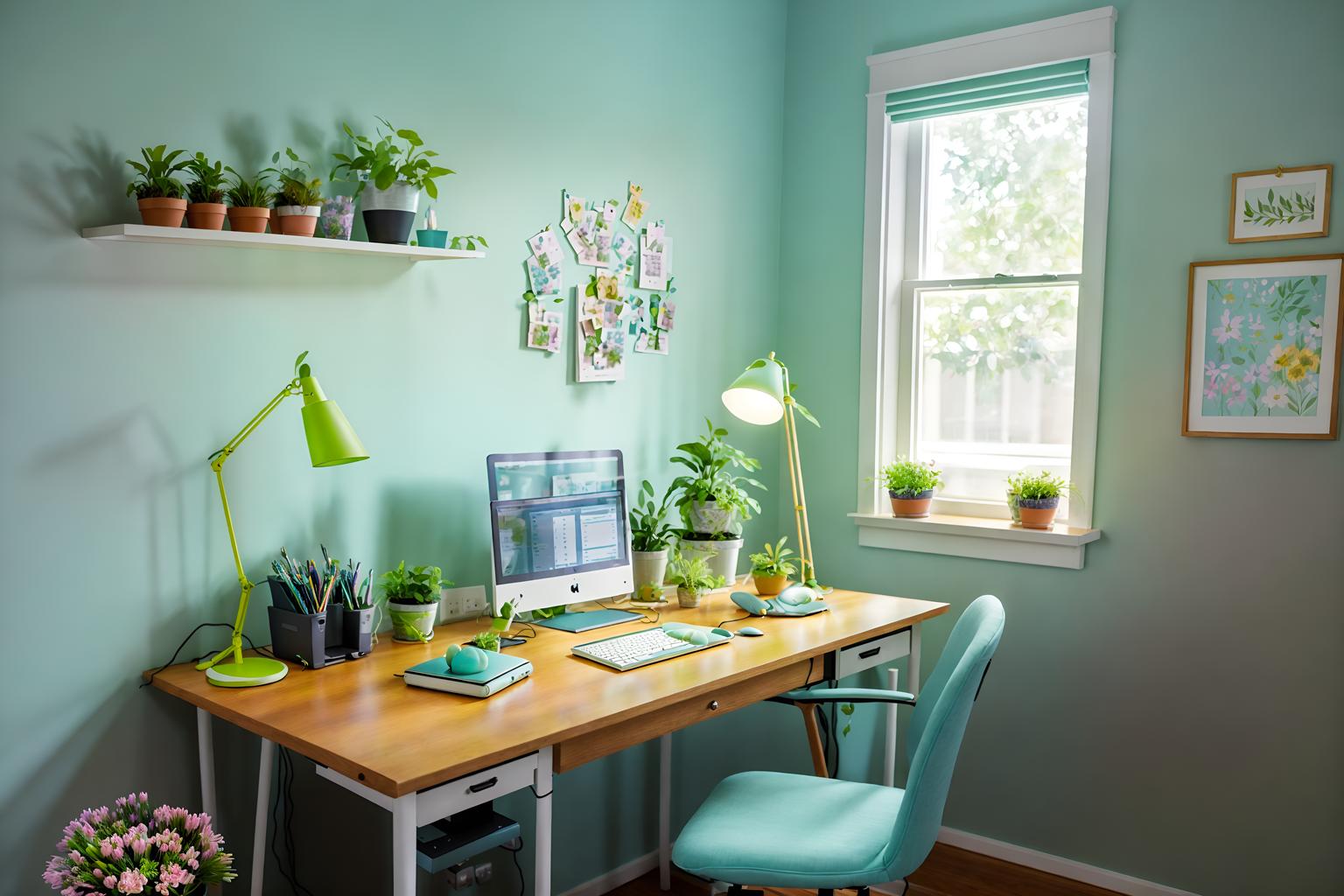 easter-style (home office interior) with plant and cabinets and computer desk and desk lamp and office chair and plant. . with flowers on table and easter decorations and spring decorations and colorful easter eggs and light blue colors and flowers on table. . cinematic photo, highly detailed, cinematic lighting, ultra-detailed, ultrarealistic, photorealism, 8k. easter interior design style. masterpiece, cinematic light, ultrarealistic+, photorealistic+, 8k, raw photo, realistic, sharp focus on eyes, (symmetrical eyes), (intact eyes), hyperrealistic, highest quality, best quality, , highly detailed, masterpiece, best quality, extremely detailed 8k wallpaper, masterpiece, best quality, ultra-detailed, best shadow, detailed background, detailed face, detailed eyes, high contrast, best illumination, detailed face, dulux, caustic, dynamic angle, detailed glow. dramatic lighting. highly detailed, insanely detailed hair, symmetrical, intricate details, professionally retouched, 8k high definition. strong bokeh. award winning photo.