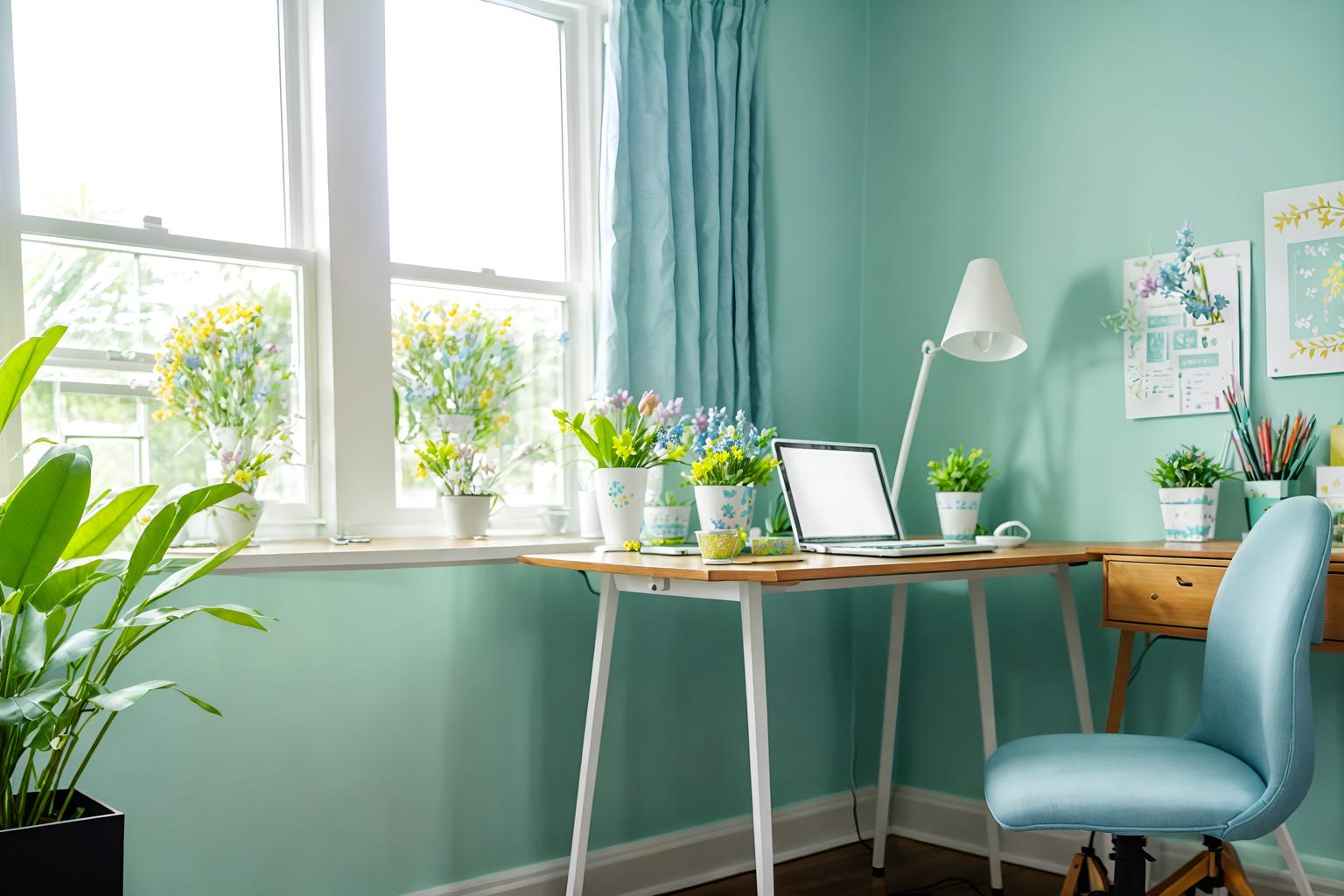 easter-style (home office interior) with plant and cabinets and computer desk and desk lamp and office chair and plant. . with flowers on table and easter decorations and spring decorations and colorful easter eggs and light blue colors and flowers on table. . cinematic photo, highly detailed, cinematic lighting, ultra-detailed, ultrarealistic, photorealism, 8k. easter interior design style. masterpiece, cinematic light, ultrarealistic+, photorealistic+, 8k, raw photo, realistic, sharp focus on eyes, (symmetrical eyes), (intact eyes), hyperrealistic, highest quality, best quality, , highly detailed, masterpiece, best quality, extremely detailed 8k wallpaper, masterpiece, best quality, ultra-detailed, best shadow, detailed background, detailed face, detailed eyes, high contrast, best illumination, detailed face, dulux, caustic, dynamic angle, detailed glow. dramatic lighting. highly detailed, insanely detailed hair, symmetrical, intricate details, professionally retouched, 8k high definition. strong bokeh. award winning photo.