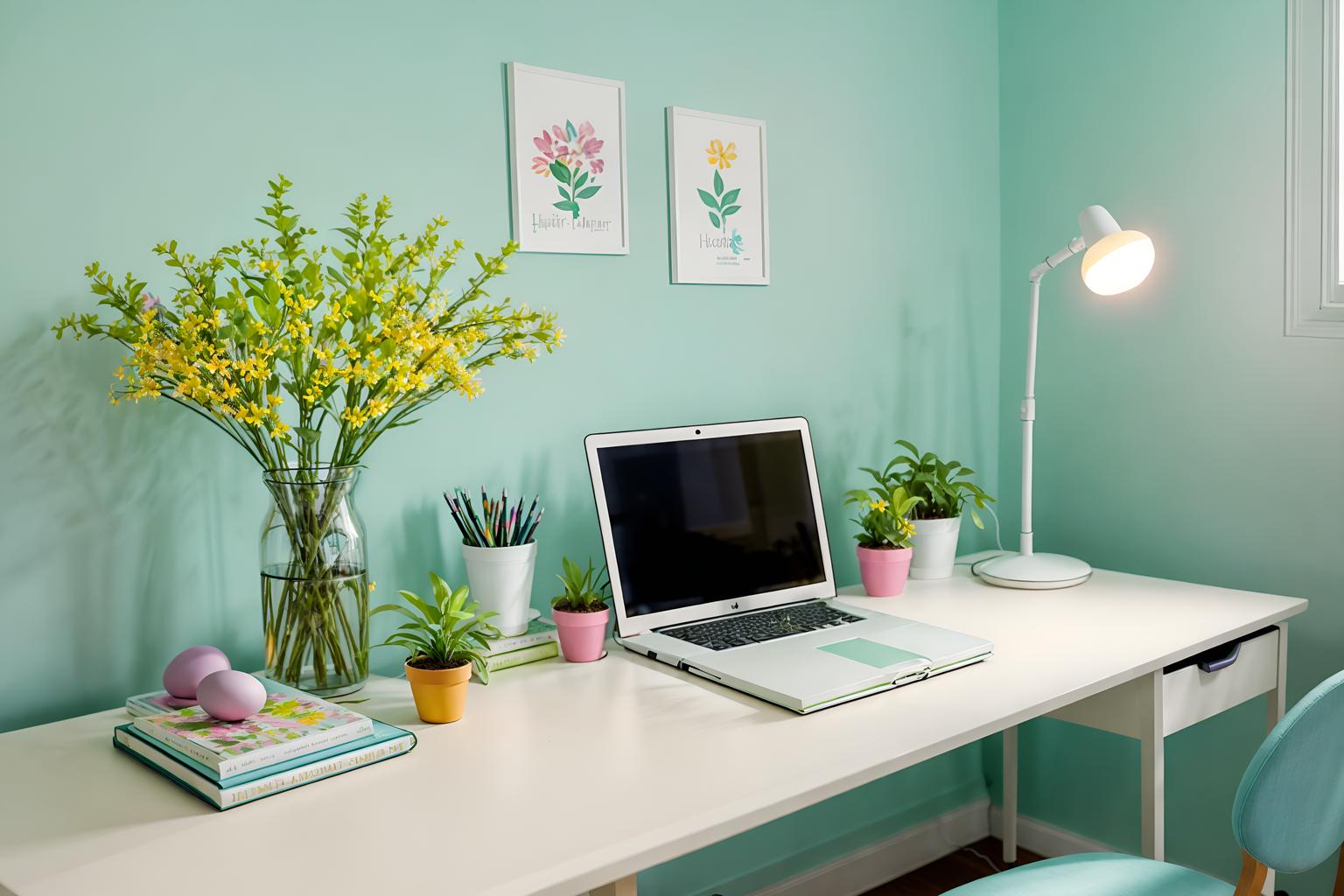 easter-style (home office interior) with plant and cabinets and computer desk and desk lamp and office chair and plant. . with flowers on table and easter decorations and spring decorations and colorful easter eggs and light blue colors and flowers on table. . cinematic photo, highly detailed, cinematic lighting, ultra-detailed, ultrarealistic, photorealism, 8k. easter interior design style. masterpiece, cinematic light, ultrarealistic+, photorealistic+, 8k, raw photo, realistic, sharp focus on eyes, (symmetrical eyes), (intact eyes), hyperrealistic, highest quality, best quality, , highly detailed, masterpiece, best quality, extremely detailed 8k wallpaper, masterpiece, best quality, ultra-detailed, best shadow, detailed background, detailed face, detailed eyes, high contrast, best illumination, detailed face, dulux, caustic, dynamic angle, detailed glow. dramatic lighting. highly detailed, insanely detailed hair, symmetrical, intricate details, professionally retouched, 8k high definition. strong bokeh. award winning photo.