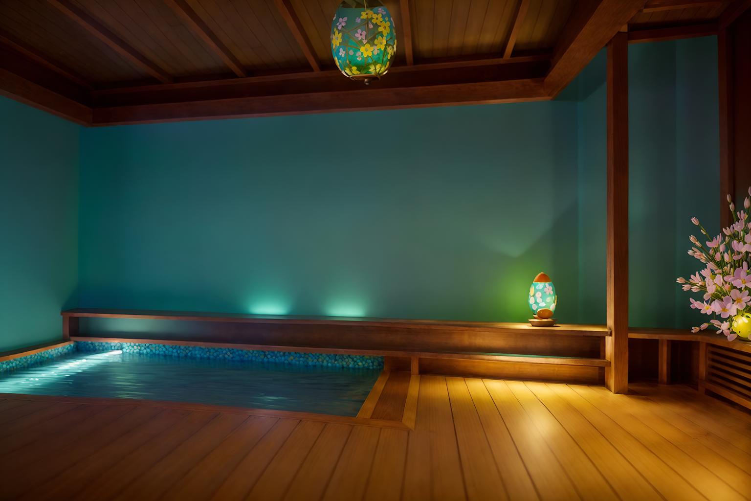 easter-style (onsen interior) . with colorful easter eggs and flowers on table and easter decorations and light blue colors and spring decorations and colorful easter eggs. . cinematic photo, highly detailed, cinematic lighting, ultra-detailed, ultrarealistic, photorealism, 8k. easter interior design style. masterpiece, cinematic light, ultrarealistic+, photorealistic+, 8k, raw photo, realistic, sharp focus on eyes, (symmetrical eyes), (intact eyes), hyperrealistic, highest quality, best quality, , highly detailed, masterpiece, best quality, extremely detailed 8k wallpaper, masterpiece, best quality, ultra-detailed, best shadow, detailed background, detailed face, detailed eyes, high contrast, best illumination, detailed face, dulux, caustic, dynamic angle, detailed glow. dramatic lighting. highly detailed, insanely detailed hair, symmetrical, intricate details, professionally retouched, 8k high definition. strong bokeh. award winning photo.