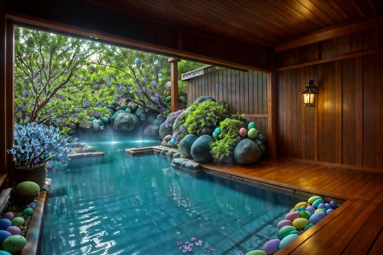 easter-style (onsen interior) . with colorful easter eggs and flowers on table and easter decorations and light blue colors and spring decorations and colorful easter eggs. . cinematic photo, highly detailed, cinematic lighting, ultra-detailed, ultrarealistic, photorealism, 8k. easter interior design style. masterpiece, cinematic light, ultrarealistic+, photorealistic+, 8k, raw photo, realistic, sharp focus on eyes, (symmetrical eyes), (intact eyes), hyperrealistic, highest quality, best quality, , highly detailed, masterpiece, best quality, extremely detailed 8k wallpaper, masterpiece, best quality, ultra-detailed, best shadow, detailed background, detailed face, detailed eyes, high contrast, best illumination, detailed face, dulux, caustic, dynamic angle, detailed glow. dramatic lighting. highly detailed, insanely detailed hair, symmetrical, intricate details, professionally retouched, 8k high definition. strong bokeh. award winning photo.