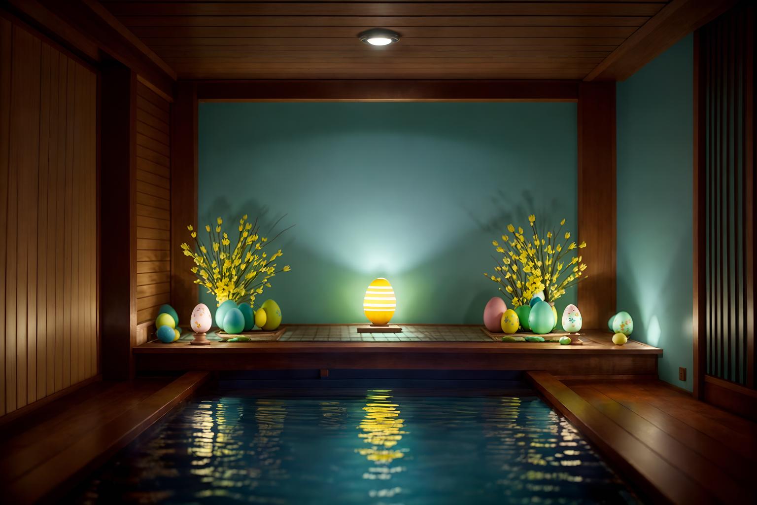 easter-style (onsen interior) . with colorful easter eggs and flowers on table and easter decorations and light blue colors and spring decorations and colorful easter eggs. . cinematic photo, highly detailed, cinematic lighting, ultra-detailed, ultrarealistic, photorealism, 8k. easter interior design style. masterpiece, cinematic light, ultrarealistic+, photorealistic+, 8k, raw photo, realistic, sharp focus on eyes, (symmetrical eyes), (intact eyes), hyperrealistic, highest quality, best quality, , highly detailed, masterpiece, best quality, extremely detailed 8k wallpaper, masterpiece, best quality, ultra-detailed, best shadow, detailed background, detailed face, detailed eyes, high contrast, best illumination, detailed face, dulux, caustic, dynamic angle, detailed glow. dramatic lighting. highly detailed, insanely detailed hair, symmetrical, intricate details, professionally retouched, 8k high definition. strong bokeh. award winning photo.