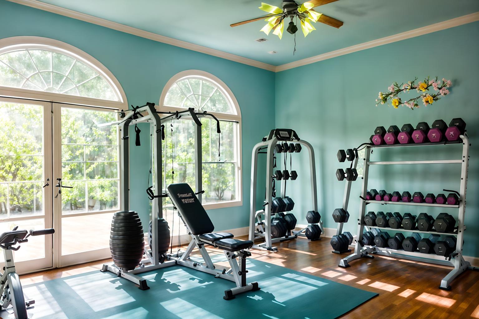 easter-style (fitness gym interior) with dumbbell stand and crosstrainer and squat rack and exercise bicycle and bench press and dumbbell stand. . with spring decorations and light blue colors and easter decorations and flowers on table and colorful easter eggs and spring decorations. . cinematic photo, highly detailed, cinematic lighting, ultra-detailed, ultrarealistic, photorealism, 8k. easter interior design style. masterpiece, cinematic light, ultrarealistic+, photorealistic+, 8k, raw photo, realistic, sharp focus on eyes, (symmetrical eyes), (intact eyes), hyperrealistic, highest quality, best quality, , highly detailed, masterpiece, best quality, extremely detailed 8k wallpaper, masterpiece, best quality, ultra-detailed, best shadow, detailed background, detailed face, detailed eyes, high contrast, best illumination, detailed face, dulux, caustic, dynamic angle, detailed glow. dramatic lighting. highly detailed, insanely detailed hair, symmetrical, intricate details, professionally retouched, 8k high definition. strong bokeh. award winning photo.