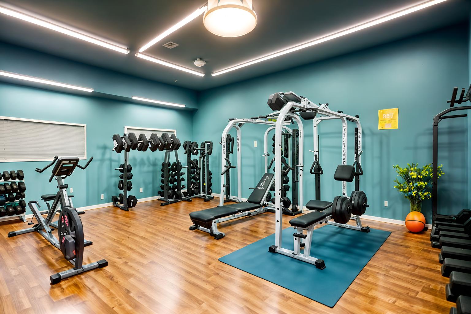 easter-style (fitness gym interior) with dumbbell stand and crosstrainer and squat rack and exercise bicycle and bench press and dumbbell stand. . with spring decorations and light blue colors and easter decorations and flowers on table and colorful easter eggs and spring decorations. . cinematic photo, highly detailed, cinematic lighting, ultra-detailed, ultrarealistic, photorealism, 8k. easter interior design style. masterpiece, cinematic light, ultrarealistic+, photorealistic+, 8k, raw photo, realistic, sharp focus on eyes, (symmetrical eyes), (intact eyes), hyperrealistic, highest quality, best quality, , highly detailed, masterpiece, best quality, extremely detailed 8k wallpaper, masterpiece, best quality, ultra-detailed, best shadow, detailed background, detailed face, detailed eyes, high contrast, best illumination, detailed face, dulux, caustic, dynamic angle, detailed glow. dramatic lighting. highly detailed, insanely detailed hair, symmetrical, intricate details, professionally retouched, 8k high definition. strong bokeh. award winning photo.