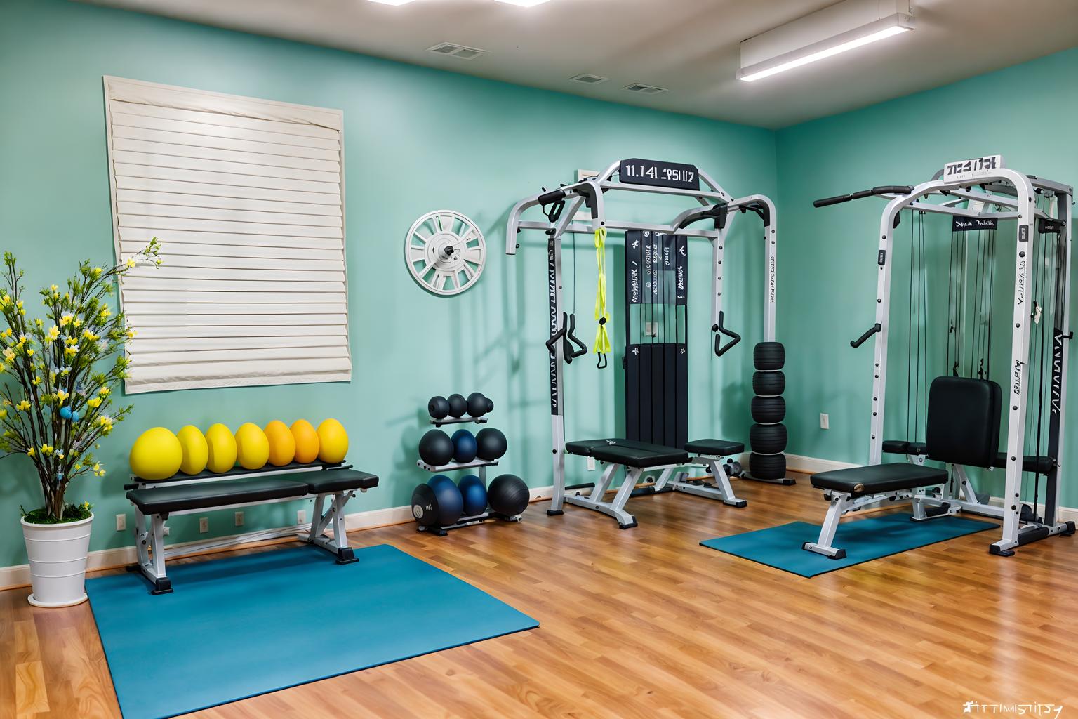 easter-style (fitness gym interior) with dumbbell stand and crosstrainer and squat rack and exercise bicycle and bench press and dumbbell stand. . with spring decorations and light blue colors and easter decorations and flowers on table and colorful easter eggs and spring decorations. . cinematic photo, highly detailed, cinematic lighting, ultra-detailed, ultrarealistic, photorealism, 8k. easter interior design style. masterpiece, cinematic light, ultrarealistic+, photorealistic+, 8k, raw photo, realistic, sharp focus on eyes, (symmetrical eyes), (intact eyes), hyperrealistic, highest quality, best quality, , highly detailed, masterpiece, best quality, extremely detailed 8k wallpaper, masterpiece, best quality, ultra-detailed, best shadow, detailed background, detailed face, detailed eyes, high contrast, best illumination, detailed face, dulux, caustic, dynamic angle, detailed glow. dramatic lighting. highly detailed, insanely detailed hair, symmetrical, intricate details, professionally retouched, 8k high definition. strong bokeh. award winning photo.