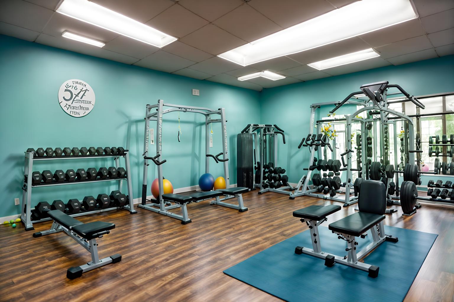 easter-style (fitness gym interior) with dumbbell stand and crosstrainer and squat rack and exercise bicycle and bench press and dumbbell stand. . with spring decorations and light blue colors and easter decorations and flowers on table and colorful easter eggs and spring decorations. . cinematic photo, highly detailed, cinematic lighting, ultra-detailed, ultrarealistic, photorealism, 8k. easter interior design style. masterpiece, cinematic light, ultrarealistic+, photorealistic+, 8k, raw photo, realistic, sharp focus on eyes, (symmetrical eyes), (intact eyes), hyperrealistic, highest quality, best quality, , highly detailed, masterpiece, best quality, extremely detailed 8k wallpaper, masterpiece, best quality, ultra-detailed, best shadow, detailed background, detailed face, detailed eyes, high contrast, best illumination, detailed face, dulux, caustic, dynamic angle, detailed glow. dramatic lighting. highly detailed, insanely detailed hair, symmetrical, intricate details, professionally retouched, 8k high definition. strong bokeh. award winning photo.