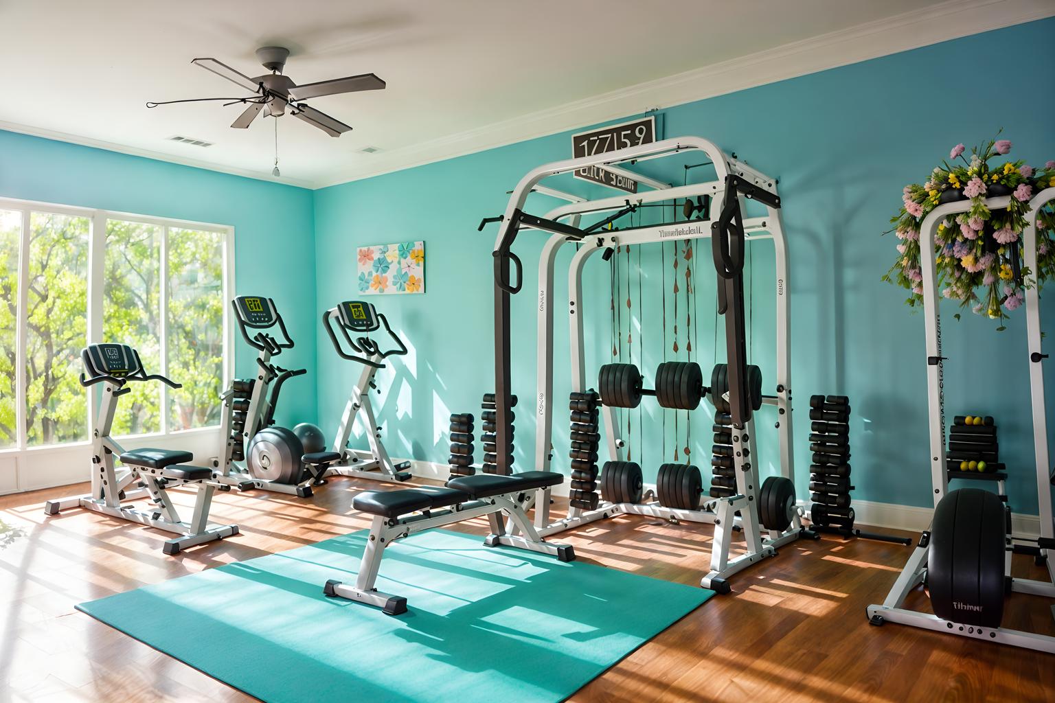 easter-style (fitness gym interior) with dumbbell stand and crosstrainer and squat rack and exercise bicycle and bench press and dumbbell stand. . with spring decorations and light blue colors and easter decorations and flowers on table and colorful easter eggs and spring decorations. . cinematic photo, highly detailed, cinematic lighting, ultra-detailed, ultrarealistic, photorealism, 8k. easter interior design style. masterpiece, cinematic light, ultrarealistic+, photorealistic+, 8k, raw photo, realistic, sharp focus on eyes, (symmetrical eyes), (intact eyes), hyperrealistic, highest quality, best quality, , highly detailed, masterpiece, best quality, extremely detailed 8k wallpaper, masterpiece, best quality, ultra-detailed, best shadow, detailed background, detailed face, detailed eyes, high contrast, best illumination, detailed face, dulux, caustic, dynamic angle, detailed glow. dramatic lighting. highly detailed, insanely detailed hair, symmetrical, intricate details, professionally retouched, 8k high definition. strong bokeh. award winning photo.