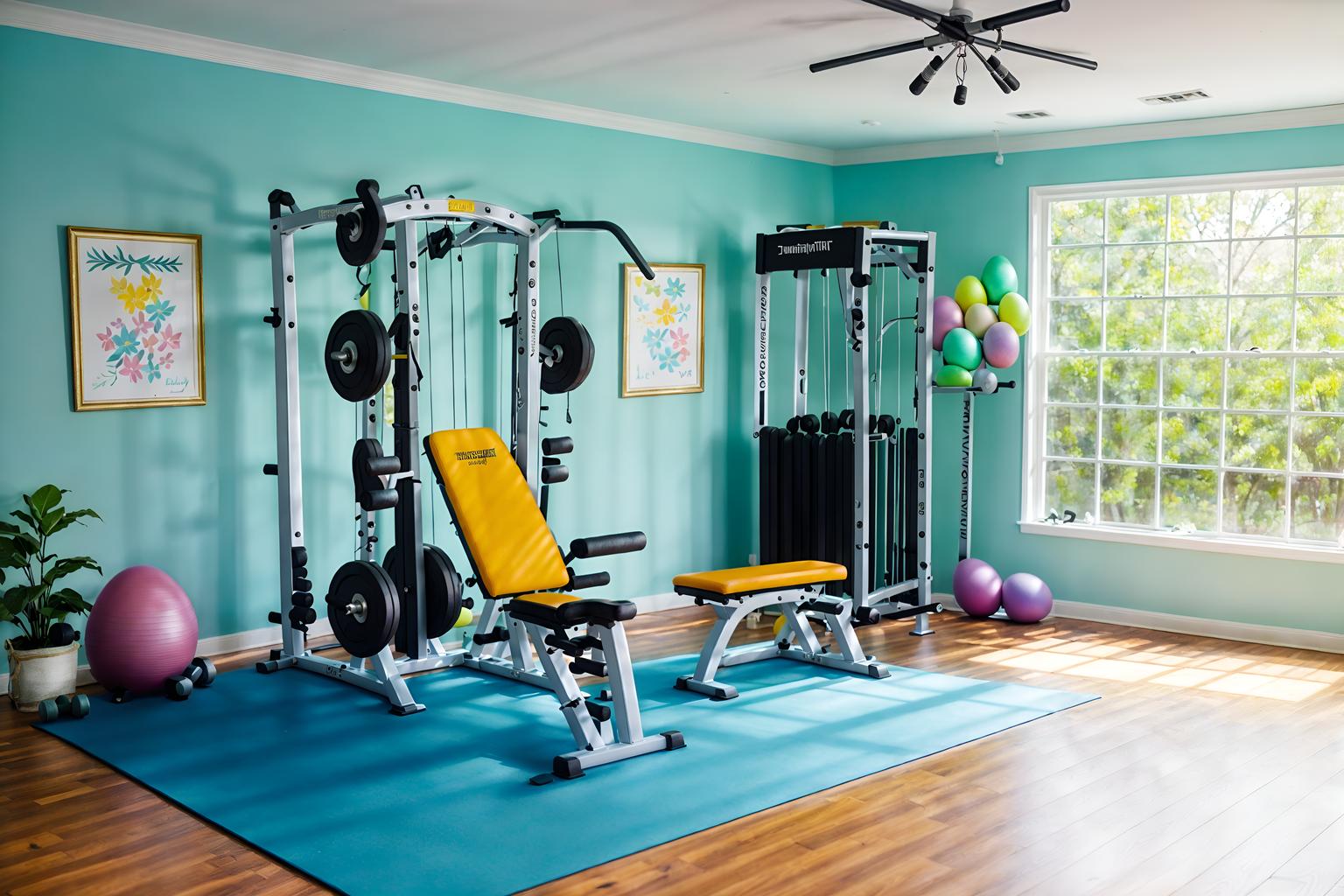 easter-style (fitness gym interior) with dumbbell stand and crosstrainer and squat rack and exercise bicycle and bench press and dumbbell stand. . with spring decorations and light blue colors and easter decorations and flowers on table and colorful easter eggs and spring decorations. . cinematic photo, highly detailed, cinematic lighting, ultra-detailed, ultrarealistic, photorealism, 8k. easter interior design style. masterpiece, cinematic light, ultrarealistic+, photorealistic+, 8k, raw photo, realistic, sharp focus on eyes, (symmetrical eyes), (intact eyes), hyperrealistic, highest quality, best quality, , highly detailed, masterpiece, best quality, extremely detailed 8k wallpaper, masterpiece, best quality, ultra-detailed, best shadow, detailed background, detailed face, detailed eyes, high contrast, best illumination, detailed face, dulux, caustic, dynamic angle, detailed glow. dramatic lighting. highly detailed, insanely detailed hair, symmetrical, intricate details, professionally retouched, 8k high definition. strong bokeh. award winning photo.