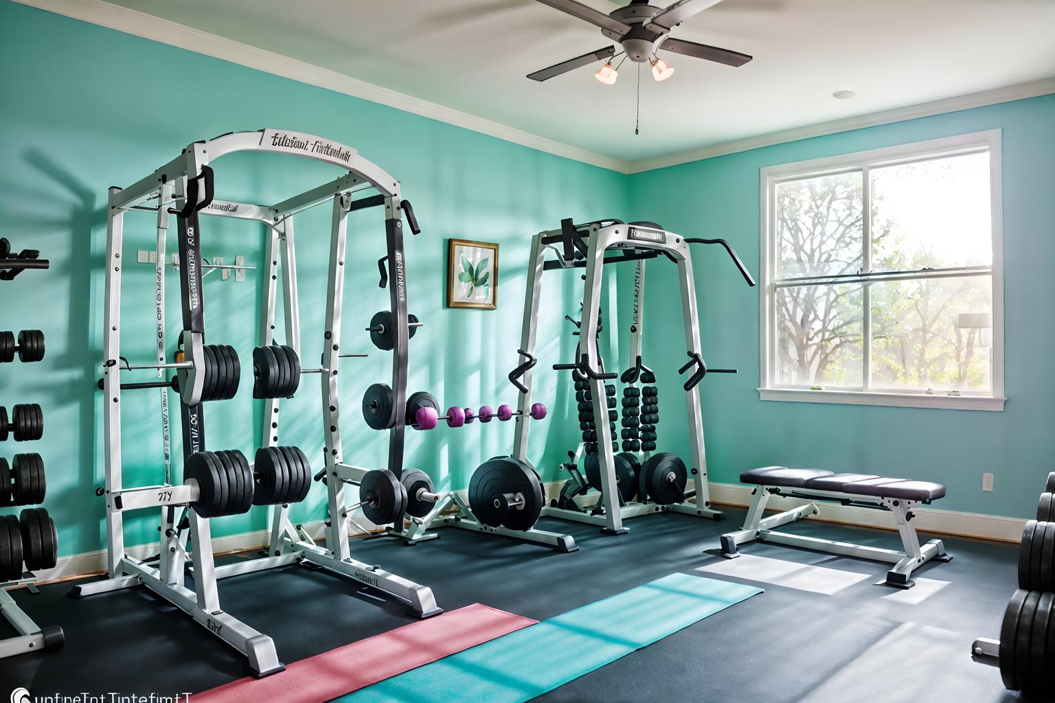 easter-style (fitness gym interior) with dumbbell stand and crosstrainer and squat rack and exercise bicycle and bench press and dumbbell stand. . with spring decorations and light blue colors and easter decorations and flowers on table and colorful easter eggs and spring decorations. . cinematic photo, highly detailed, cinematic lighting, ultra-detailed, ultrarealistic, photorealism, 8k. easter interior design style. masterpiece, cinematic light, ultrarealistic+, photorealistic+, 8k, raw photo, realistic, sharp focus on eyes, (symmetrical eyes), (intact eyes), hyperrealistic, highest quality, best quality, , highly detailed, masterpiece, best quality, extremely detailed 8k wallpaper, masterpiece, best quality, ultra-detailed, best shadow, detailed background, detailed face, detailed eyes, high contrast, best illumination, detailed face, dulux, caustic, dynamic angle, detailed glow. dramatic lighting. highly detailed, insanely detailed hair, symmetrical, intricate details, professionally retouched, 8k high definition. strong bokeh. award winning photo.