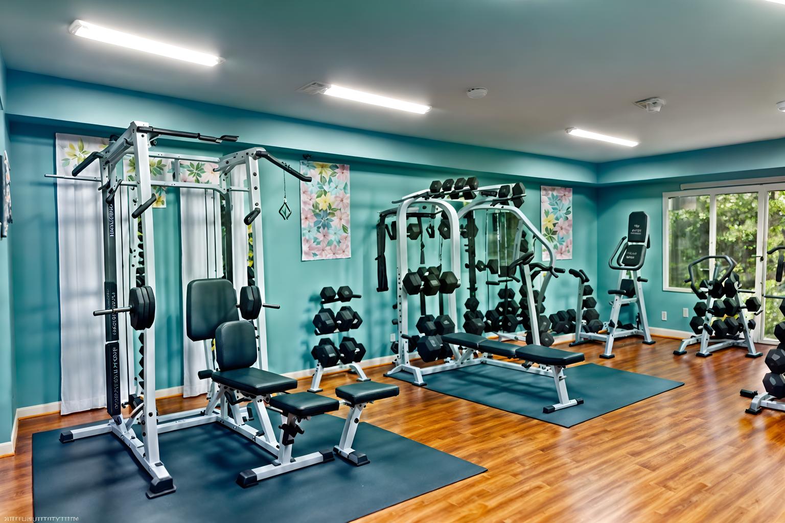 easter-style (fitness gym interior) with dumbbell stand and crosstrainer and squat rack and exercise bicycle and bench press and dumbbell stand. . with spring decorations and light blue colors and easter decorations and flowers on table and colorful easter eggs and spring decorations. . cinematic photo, highly detailed, cinematic lighting, ultra-detailed, ultrarealistic, photorealism, 8k. easter interior design style. masterpiece, cinematic light, ultrarealistic+, photorealistic+, 8k, raw photo, realistic, sharp focus on eyes, (symmetrical eyes), (intact eyes), hyperrealistic, highest quality, best quality, , highly detailed, masterpiece, best quality, extremely detailed 8k wallpaper, masterpiece, best quality, ultra-detailed, best shadow, detailed background, detailed face, detailed eyes, high contrast, best illumination, detailed face, dulux, caustic, dynamic angle, detailed glow. dramatic lighting. highly detailed, insanely detailed hair, symmetrical, intricate details, professionally retouched, 8k high definition. strong bokeh. award winning photo.