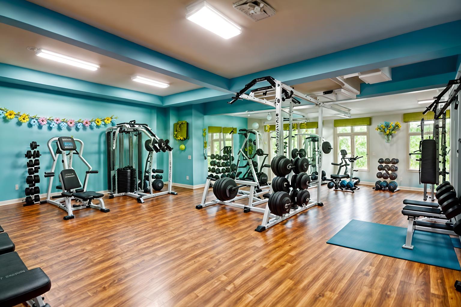 easter-style (fitness gym interior) with dumbbell stand and crosstrainer and squat rack and exercise bicycle and bench press and dumbbell stand. . with spring decorations and light blue colors and easter decorations and flowers on table and colorful easter eggs and spring decorations. . cinematic photo, highly detailed, cinematic lighting, ultra-detailed, ultrarealistic, photorealism, 8k. easter interior design style. masterpiece, cinematic light, ultrarealistic+, photorealistic+, 8k, raw photo, realistic, sharp focus on eyes, (symmetrical eyes), (intact eyes), hyperrealistic, highest quality, best quality, , highly detailed, masterpiece, best quality, extremely detailed 8k wallpaper, masterpiece, best quality, ultra-detailed, best shadow, detailed background, detailed face, detailed eyes, high contrast, best illumination, detailed face, dulux, caustic, dynamic angle, detailed glow. dramatic lighting. highly detailed, insanely detailed hair, symmetrical, intricate details, professionally retouched, 8k high definition. strong bokeh. award winning photo.