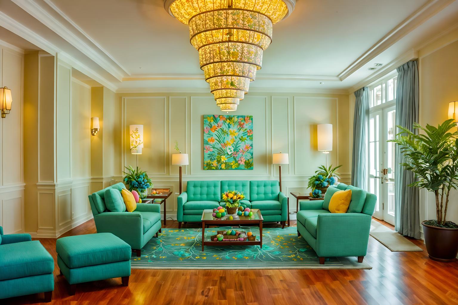 easter-style (hotel lobby interior) with sofas and coffee tables and plant and furniture and rug and hanging lamps and lounge chairs and check in desk. . with colorful easter eggs and spring decorations and light blue colors and easter decorations and flowers on table and colorful easter eggs. . cinematic photo, highly detailed, cinematic lighting, ultra-detailed, ultrarealistic, photorealism, 8k. easter interior design style. masterpiece, cinematic light, ultrarealistic+, photorealistic+, 8k, raw photo, realistic, sharp focus on eyes, (symmetrical eyes), (intact eyes), hyperrealistic, highest quality, best quality, , highly detailed, masterpiece, best quality, extremely detailed 8k wallpaper, masterpiece, best quality, ultra-detailed, best shadow, detailed background, detailed face, detailed eyes, high contrast, best illumination, detailed face, dulux, caustic, dynamic angle, detailed glow. dramatic lighting. highly detailed, insanely detailed hair, symmetrical, intricate details, professionally retouched, 8k high definition. strong bokeh. award winning photo.