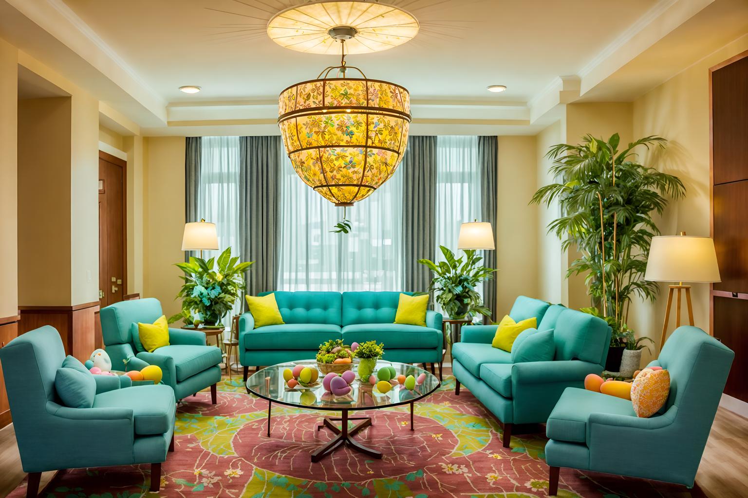 easter-style (hotel lobby interior) with sofas and coffee tables and plant and furniture and rug and hanging lamps and lounge chairs and check in desk. . with colorful easter eggs and spring decorations and light blue colors and easter decorations and flowers on table and colorful easter eggs. . cinematic photo, highly detailed, cinematic lighting, ultra-detailed, ultrarealistic, photorealism, 8k. easter interior design style. masterpiece, cinematic light, ultrarealistic+, photorealistic+, 8k, raw photo, realistic, sharp focus on eyes, (symmetrical eyes), (intact eyes), hyperrealistic, highest quality, best quality, , highly detailed, masterpiece, best quality, extremely detailed 8k wallpaper, masterpiece, best quality, ultra-detailed, best shadow, detailed background, detailed face, detailed eyes, high contrast, best illumination, detailed face, dulux, caustic, dynamic angle, detailed glow. dramatic lighting. highly detailed, insanely detailed hair, symmetrical, intricate details, professionally retouched, 8k high definition. strong bokeh. award winning photo.