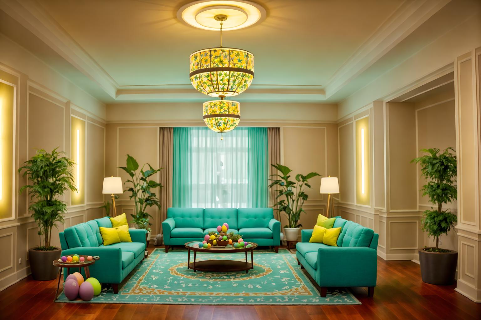 easter-style (hotel lobby interior) with sofas and coffee tables and plant and furniture and rug and hanging lamps and lounge chairs and check in desk. . with colorful easter eggs and spring decorations and light blue colors and easter decorations and flowers on table and colorful easter eggs. . cinematic photo, highly detailed, cinematic lighting, ultra-detailed, ultrarealistic, photorealism, 8k. easter interior design style. masterpiece, cinematic light, ultrarealistic+, photorealistic+, 8k, raw photo, realistic, sharp focus on eyes, (symmetrical eyes), (intact eyes), hyperrealistic, highest quality, best quality, , highly detailed, masterpiece, best quality, extremely detailed 8k wallpaper, masterpiece, best quality, ultra-detailed, best shadow, detailed background, detailed face, detailed eyes, high contrast, best illumination, detailed face, dulux, caustic, dynamic angle, detailed glow. dramatic lighting. highly detailed, insanely detailed hair, symmetrical, intricate details, professionally retouched, 8k high definition. strong bokeh. award winning photo.