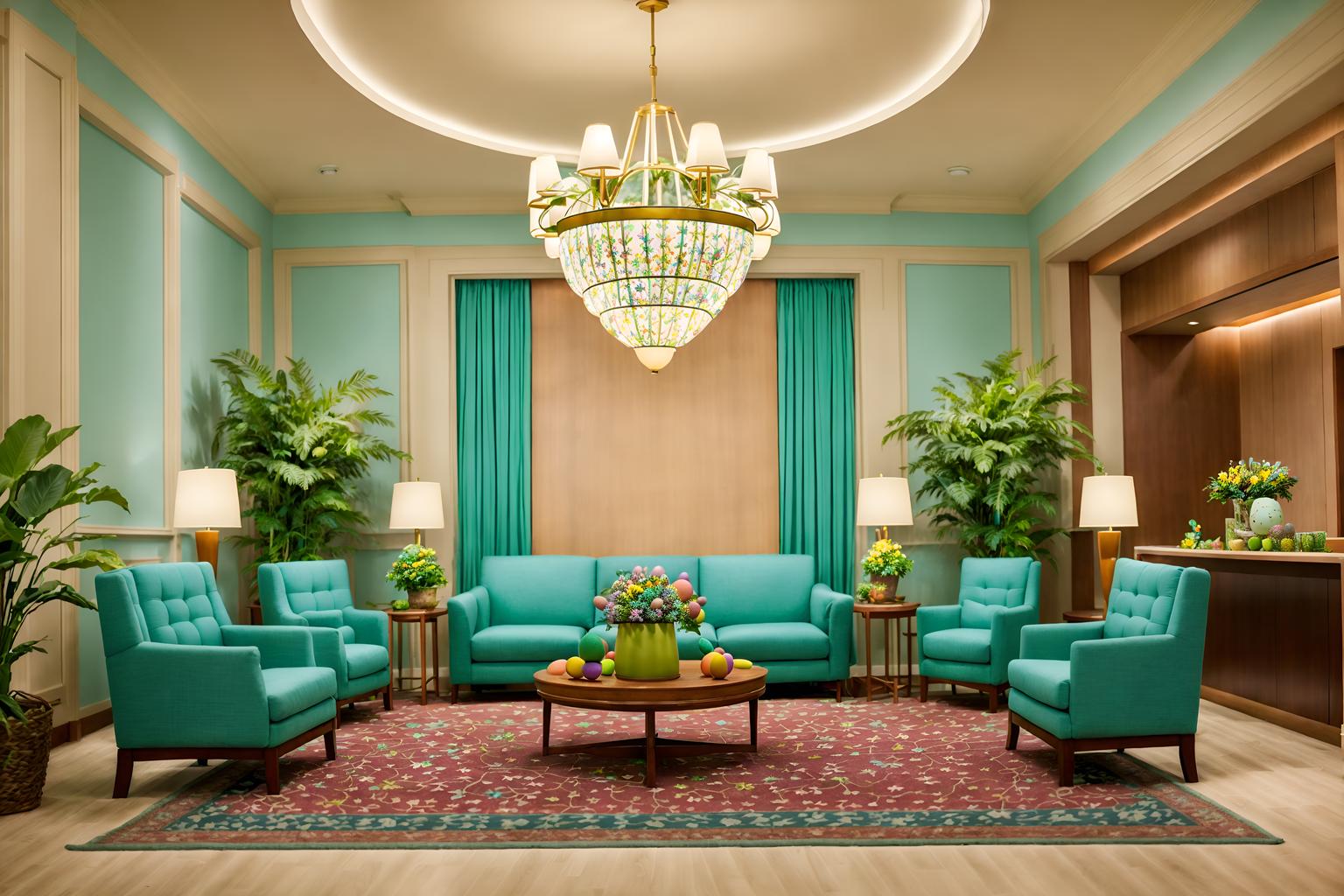 easter-style (hotel lobby interior) with sofas and coffee tables and plant and furniture and rug and hanging lamps and lounge chairs and check in desk. . with colorful easter eggs and spring decorations and light blue colors and easter decorations and flowers on table and colorful easter eggs. . cinematic photo, highly detailed, cinematic lighting, ultra-detailed, ultrarealistic, photorealism, 8k. easter interior design style. masterpiece, cinematic light, ultrarealistic+, photorealistic+, 8k, raw photo, realistic, sharp focus on eyes, (symmetrical eyes), (intact eyes), hyperrealistic, highest quality, best quality, , highly detailed, masterpiece, best quality, extremely detailed 8k wallpaper, masterpiece, best quality, ultra-detailed, best shadow, detailed background, detailed face, detailed eyes, high contrast, best illumination, detailed face, dulux, caustic, dynamic angle, detailed glow. dramatic lighting. highly detailed, insanely detailed hair, symmetrical, intricate details, professionally retouched, 8k high definition. strong bokeh. award winning photo.